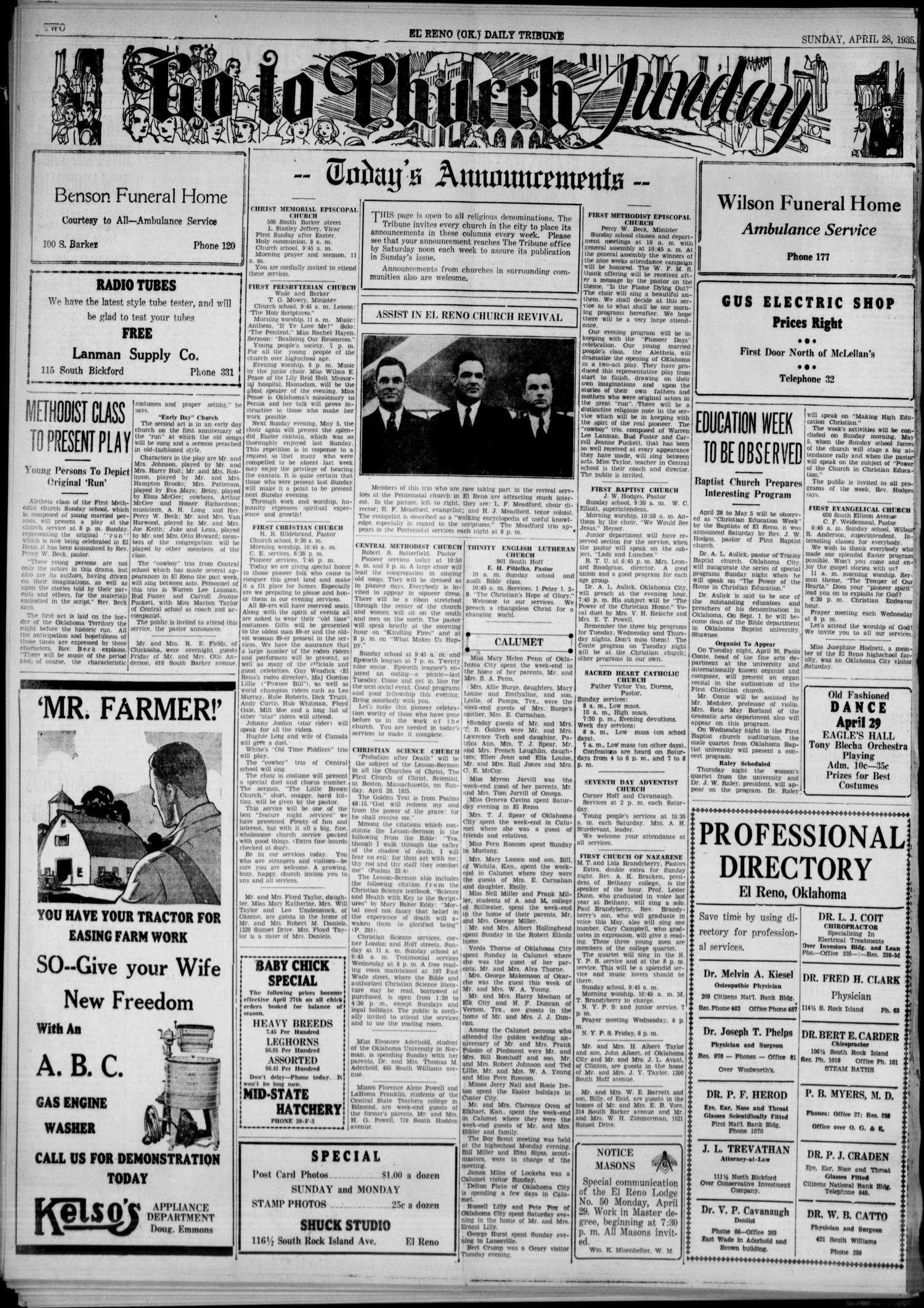 The El Reno Daily Tribune (El Reno, Okla.), Vol. 44, No. 9, Ed. 1 Sunday, April 28, 1935
                                                
                                                    [Sequence #]: 2 of 6
                                                