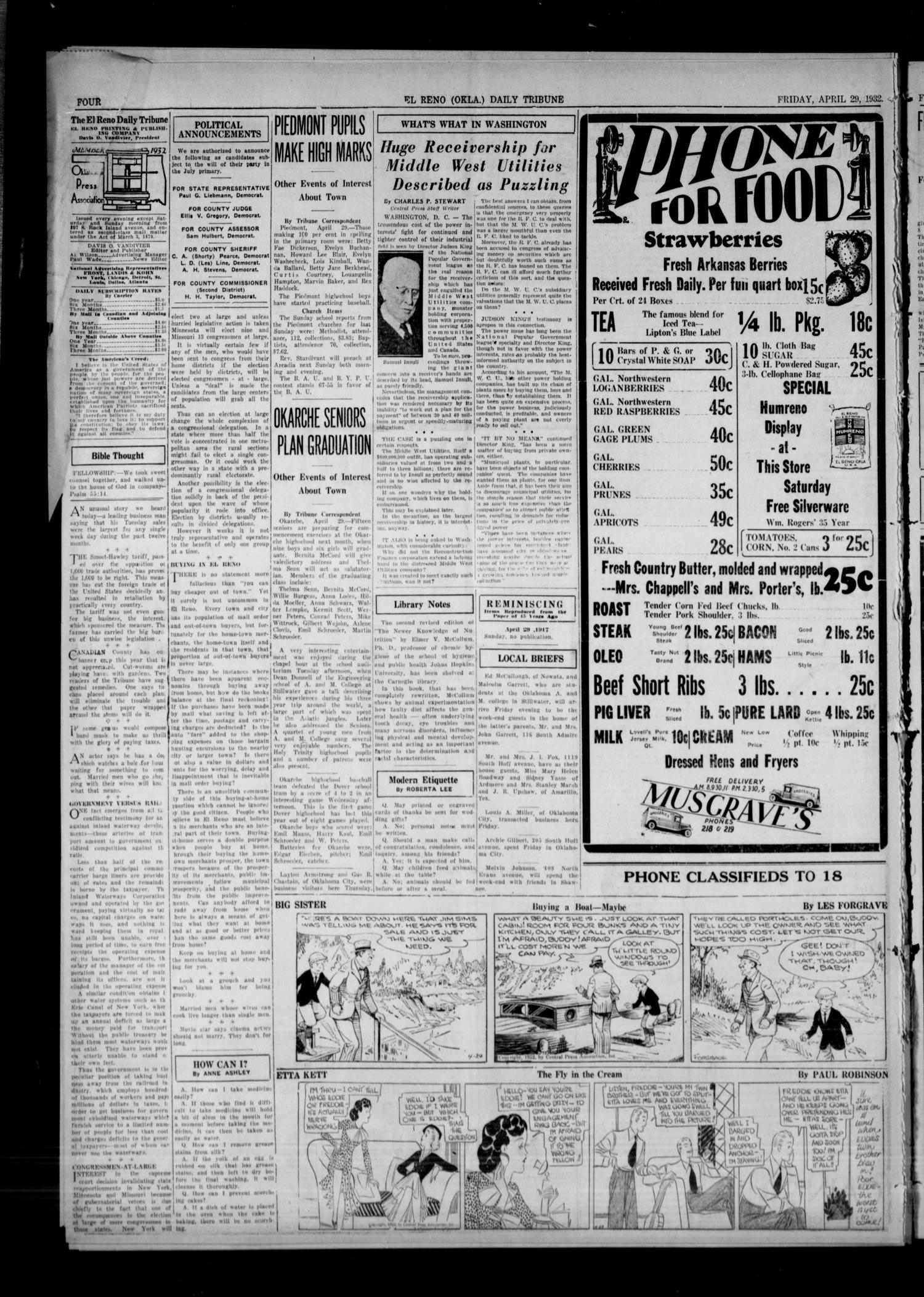 The El Reno Daily Tribune (El Reno, Okla.), Vol. 41, No. 77, Ed. 1 Friday, April 29, 1932
                                                
                                                    [Sequence #]: 4 of 9
                                                