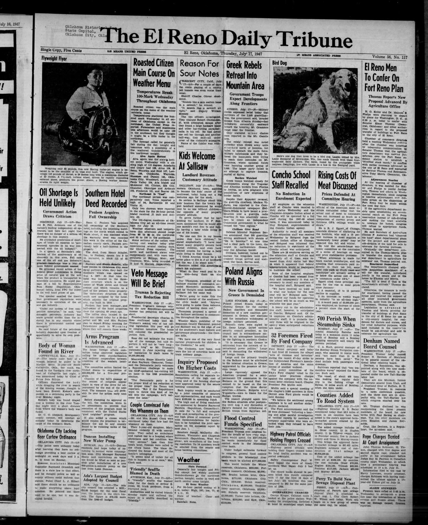 The El Reno Daily Tribune (El Reno, Okla.), Vol. 56, No. 117, Ed. 1 Thursday, July 17, 1947
                                                
                                                    [Sequence #]: 1 of 10
                                                