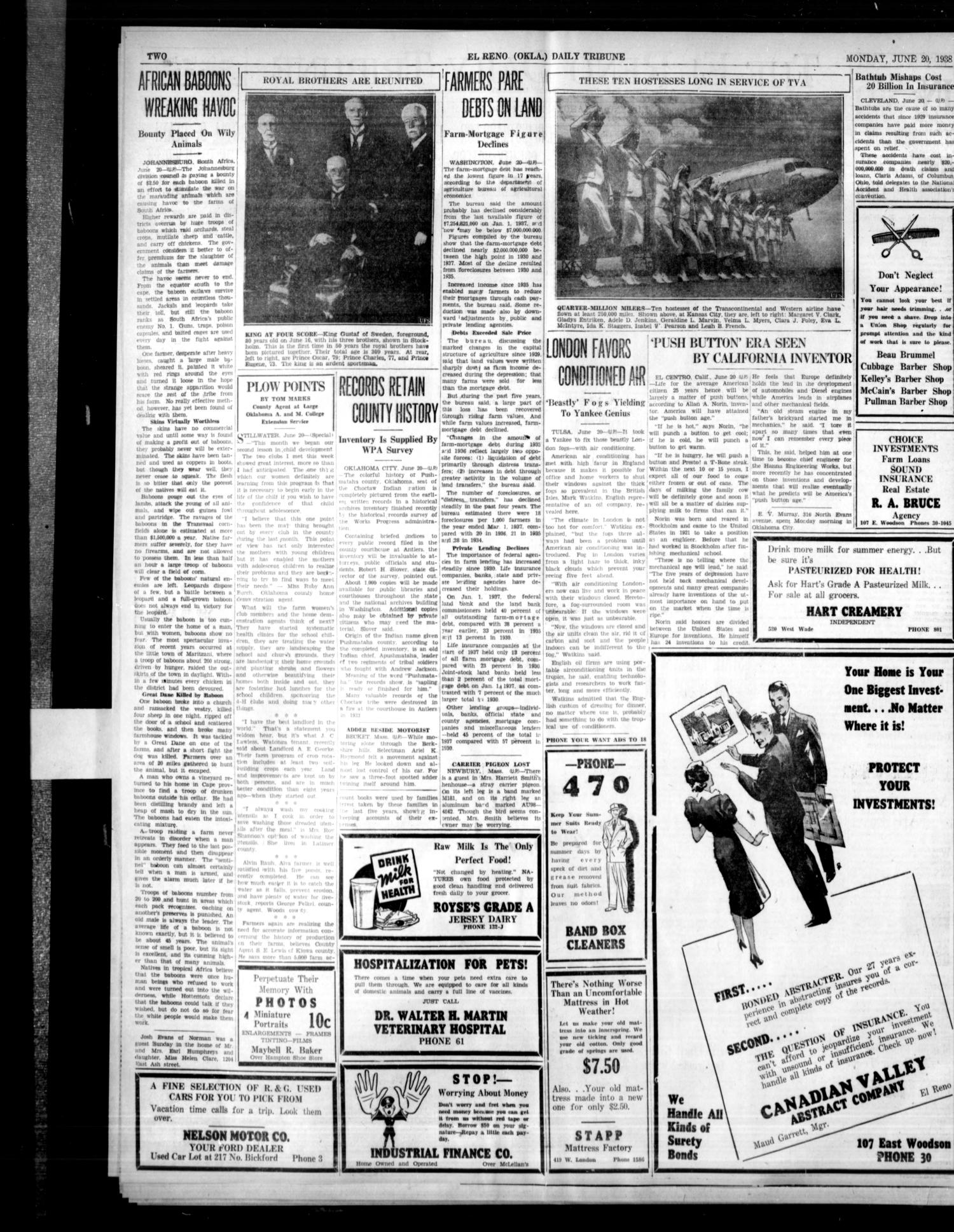 The El Reno Daily Tribune (El Reno, Okla.), Vol. 47, No. 90, Ed. 1 Monday, June 20, 1938
                                                
                                                    [Sequence #]: 2 of 6
                                                