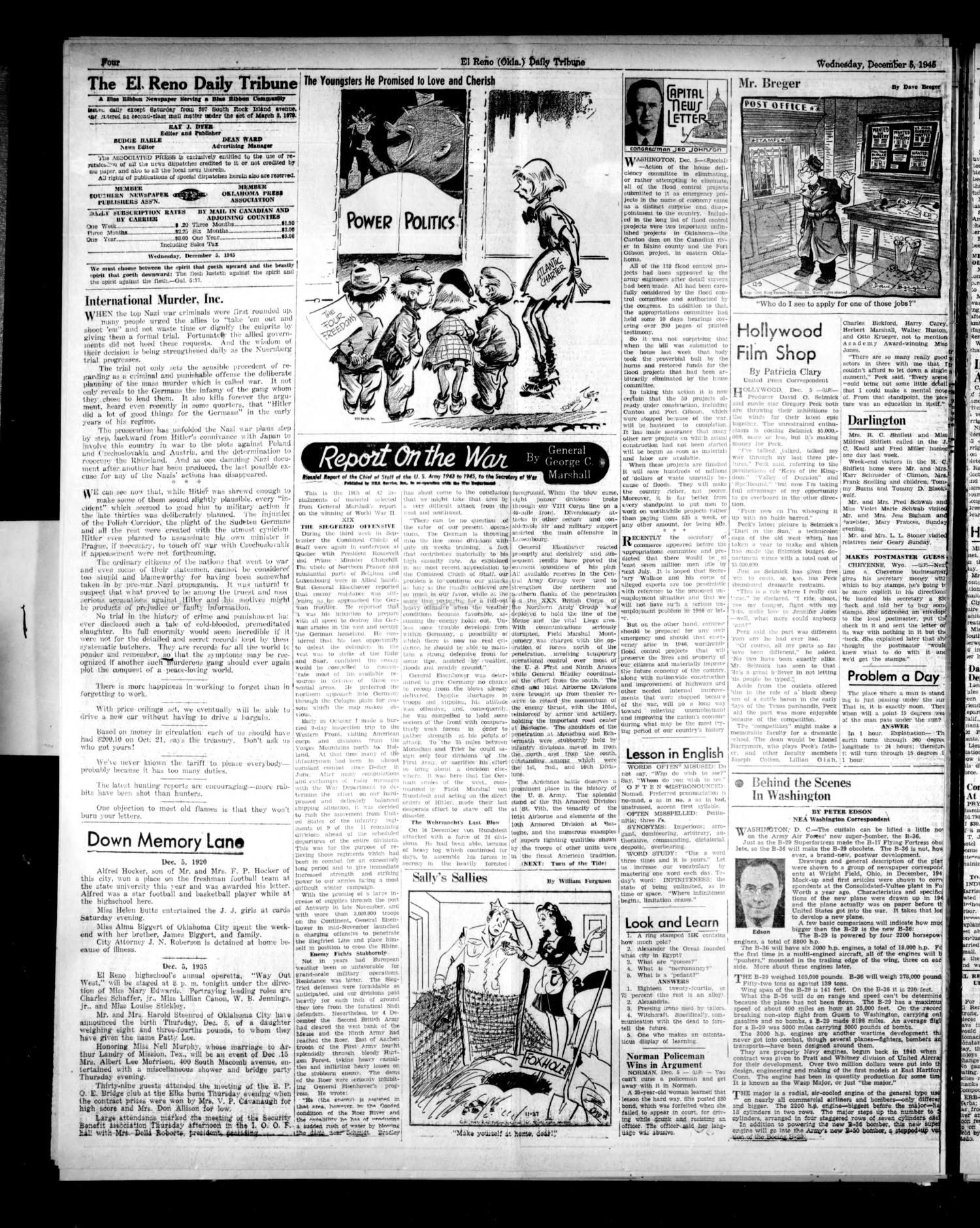 The El Reno Daily Tribune (El Reno, Okla.), Vol. 54, No. 235, Ed. 1 Wednesday, December 5, 1945
                                                
                                                    [Sequence #]: 4 of 8
                                                