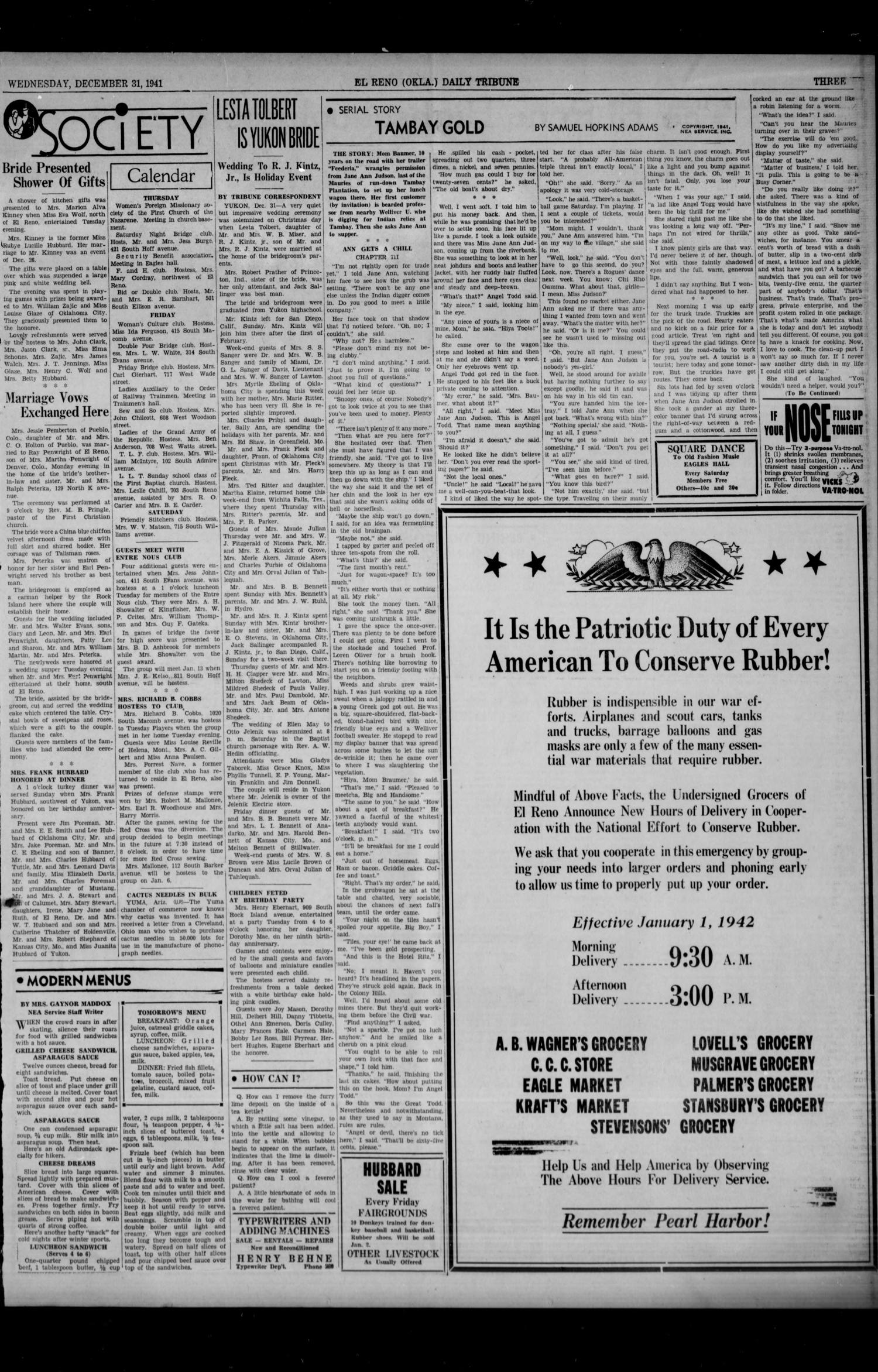 The El Reno Daily Tribune (El Reno, Okla.), Vol. 50, No. 259, Ed. 1 Wednesday, December 31, 1941
                                                
                                                    [Sequence #]: 3 of 6
                                                