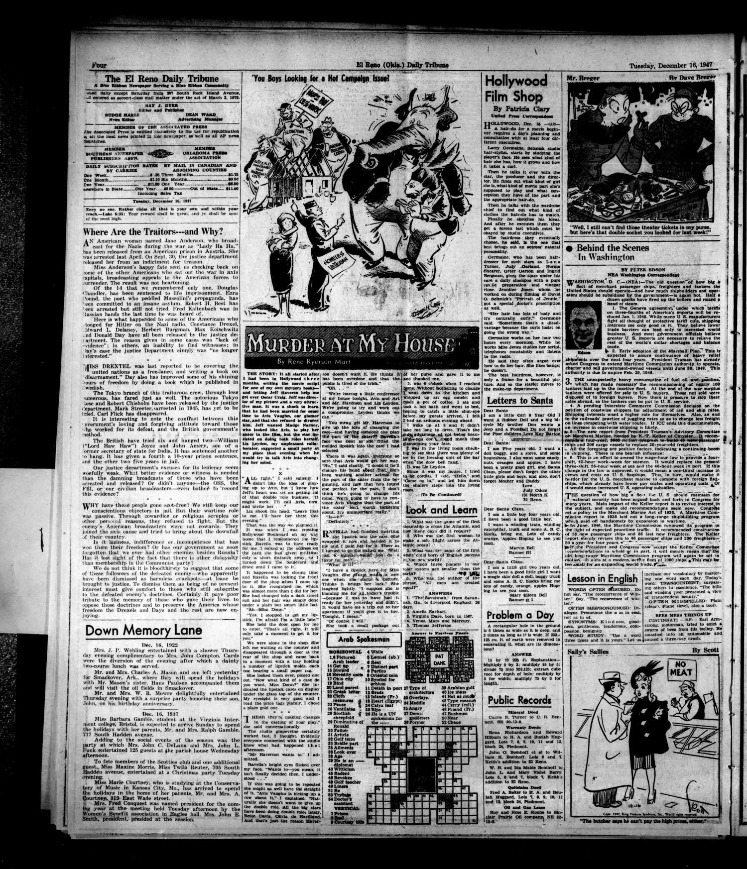 The El Reno Daily Tribune (El Reno, Okla.), Vol. 56, No. 246, Ed. 1 Tuesday, December 16, 1947
                                                
                                                    [Sequence #]: 4 of 8
                                                