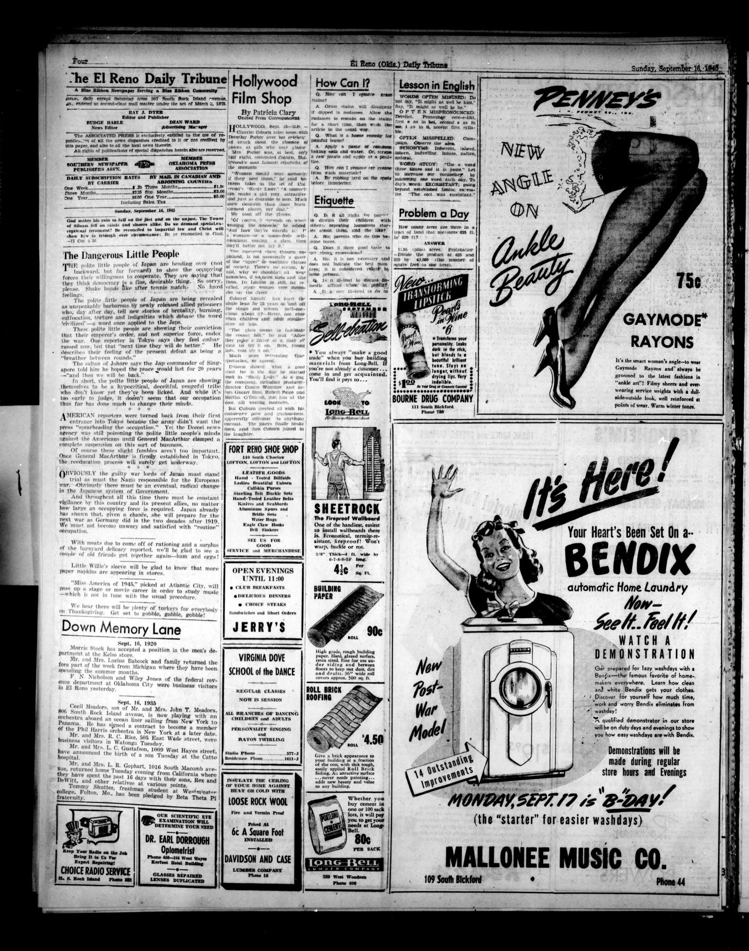 The El Reno Daily Tribune (El Reno, Okla.), Vol. 54, No. 169, Ed. 1 Sunday, September 16, 1945
                                                
                                                    [Sequence #]: 4 of 6
                                                