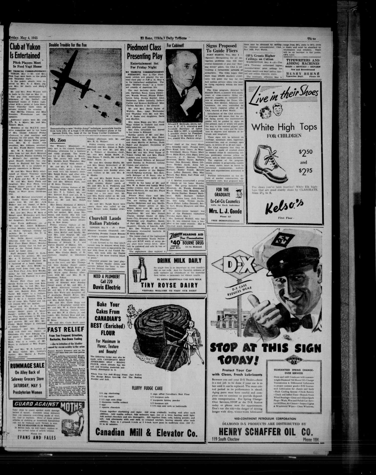 The El Reno Daily Tribune (El Reno, Okla.), Vol. 54, No. 56, Ed. 1 Friday, May 4, 1945
                                                
                                                    [Sequence #]: 3 of 6
                                                