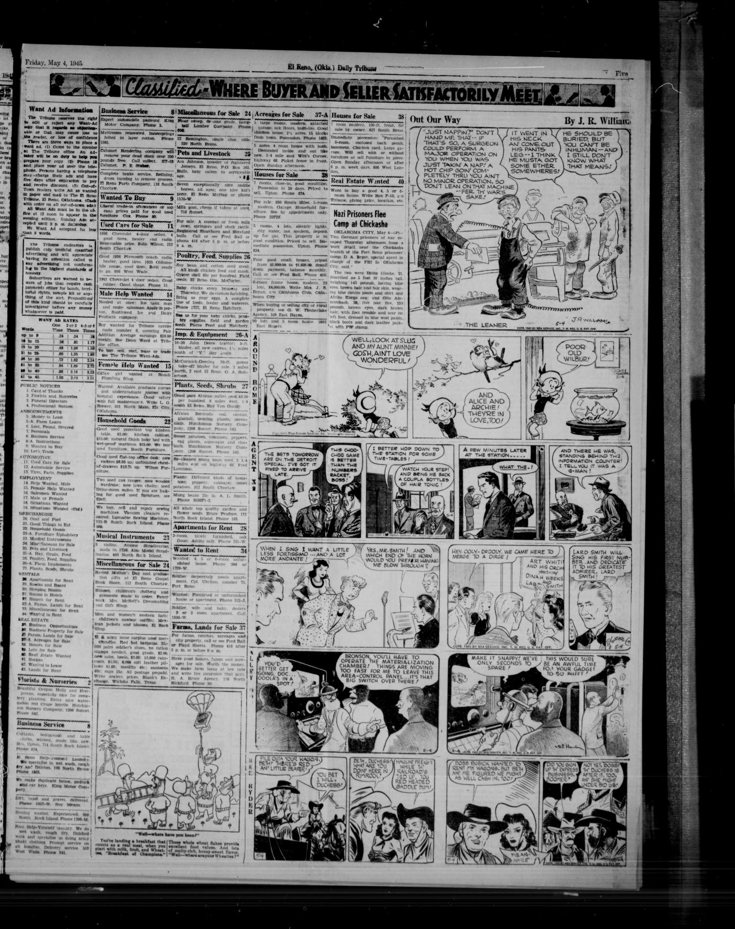 The El Reno Daily Tribune (El Reno, Okla.), Vol. 54, No. 56, Ed. 1 Friday, May 4, 1945
                                                
                                                    [Sequence #]: 5 of 6
                                                