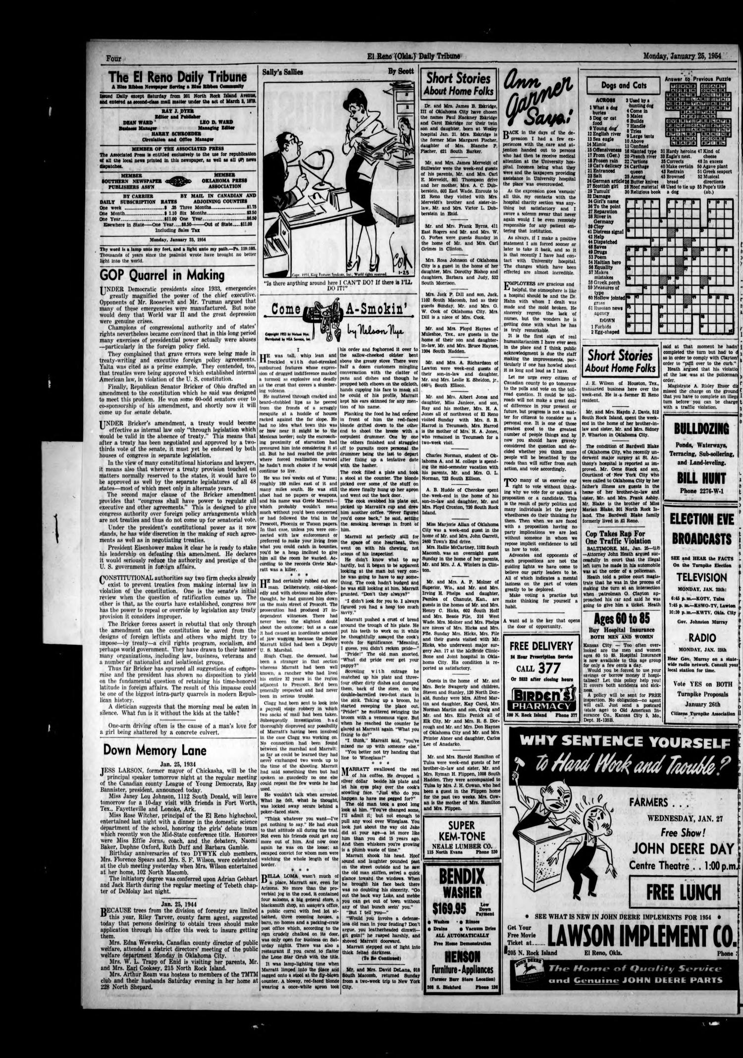 The El Reno Daily Tribune (El Reno, Okla.), Vol. 62, No. 281, Ed. 1 Monday, January 25, 1954
                                                
                                                    [Sequence #]: 4 of 6
                                                