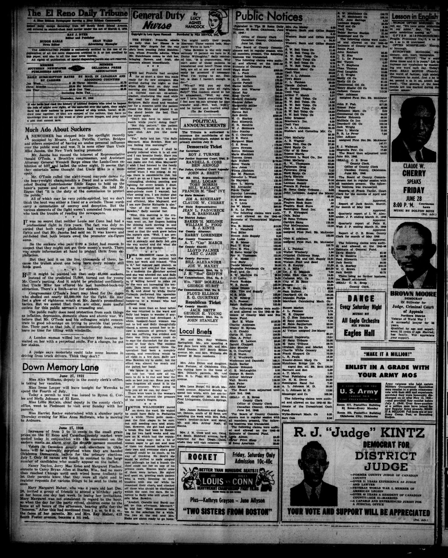 The El Reno Daily Tribune (El Reno, Okla.), Vol. 55, No. 102, Ed. 1 Thursday, June 27, 1946
                                                
                                                    [Sequence #]: 4 of 8
                                                