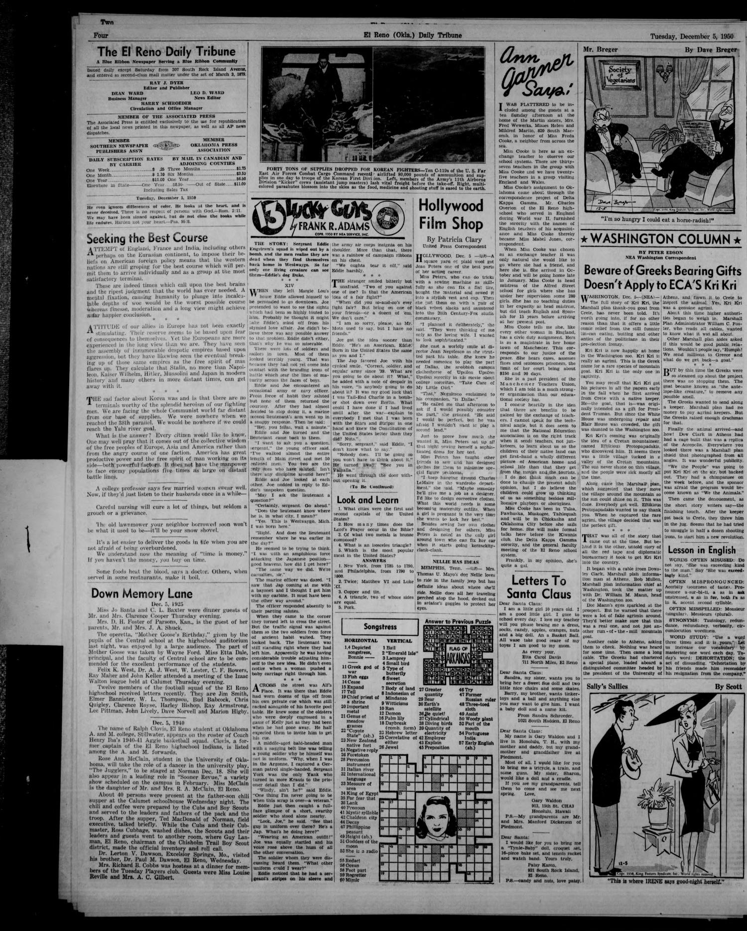 The El Reno Daily Tribune (El Reno, Okla.), Vol. 59, No. 239, Ed. 1 Tuesday, December 5, 1950
                                                
                                                    [Sequence #]: 4 of 8
                                                