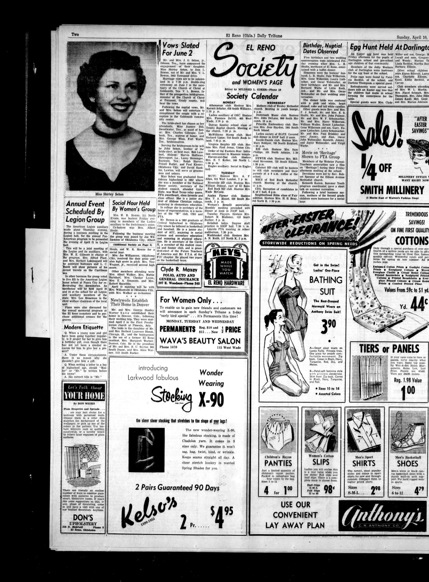 The El Reno Daily Tribune (El Reno, Okla.), Vol. 64, No. 35, Ed. 1 Sunday, April 10, 1955
                                                
                                                    [Sequence #]: 2 of 12
                                                