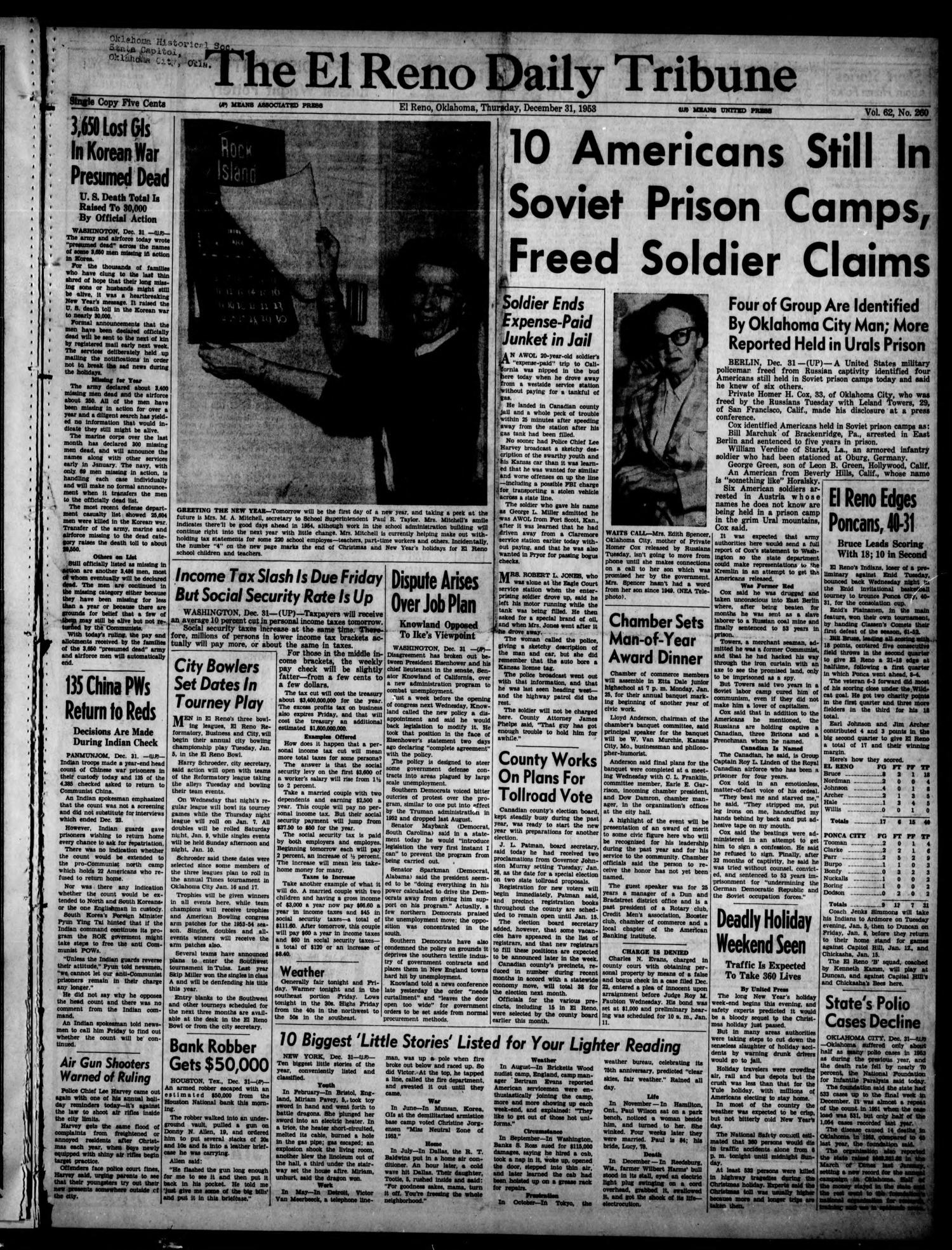 The El Reno Daily Tribune (El Reno, Okla.), Vol. 62, No. 260, Ed. 1 Thursday, December 31, 1953
                                                
                                                    [Sequence #]: 1 of 6
                                                
