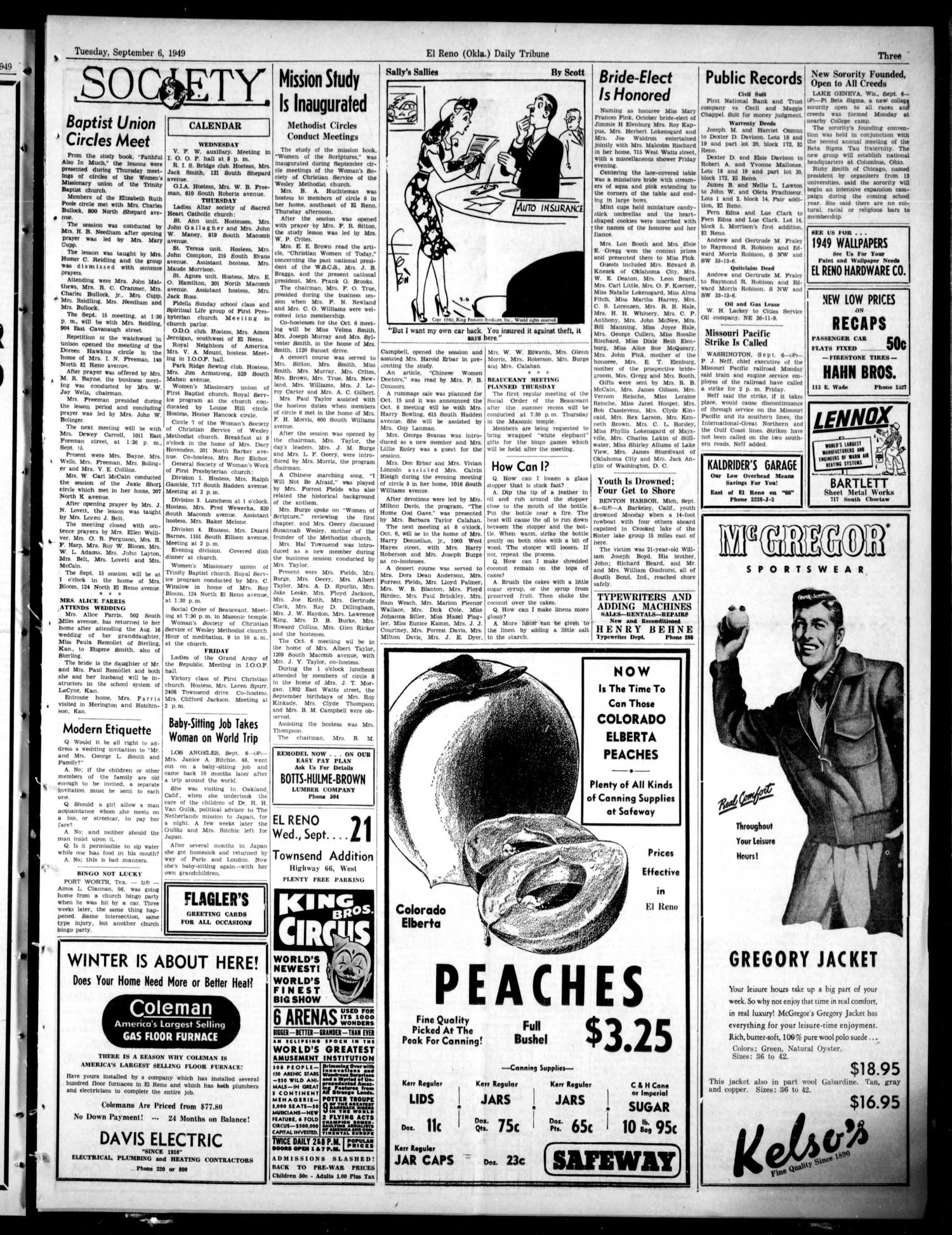 The El Reno Daily Tribune (El Reno, Okla.), Vol. 58, No. 160, Ed. 1 Tuesday, September 6, 1949
                                                
                                                    [Sequence #]: 3 of 6
                                                