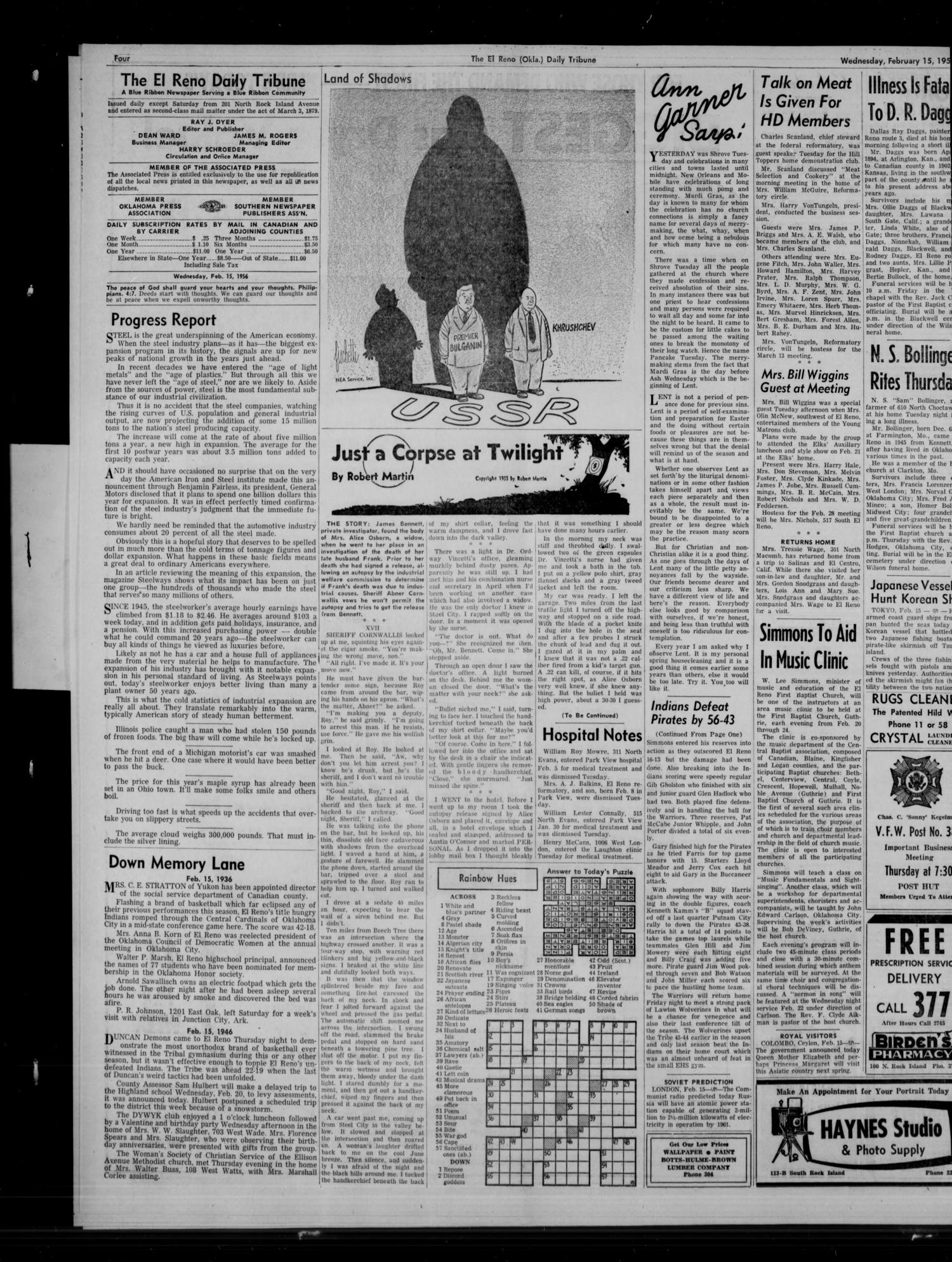 The El Reno Daily Tribune (El Reno, Okla.), Vol. 64, No. 298, Ed. 1 Wednesday, February 15, 1956
                                                
                                                    [Sequence #]: 4 of 6
                                                