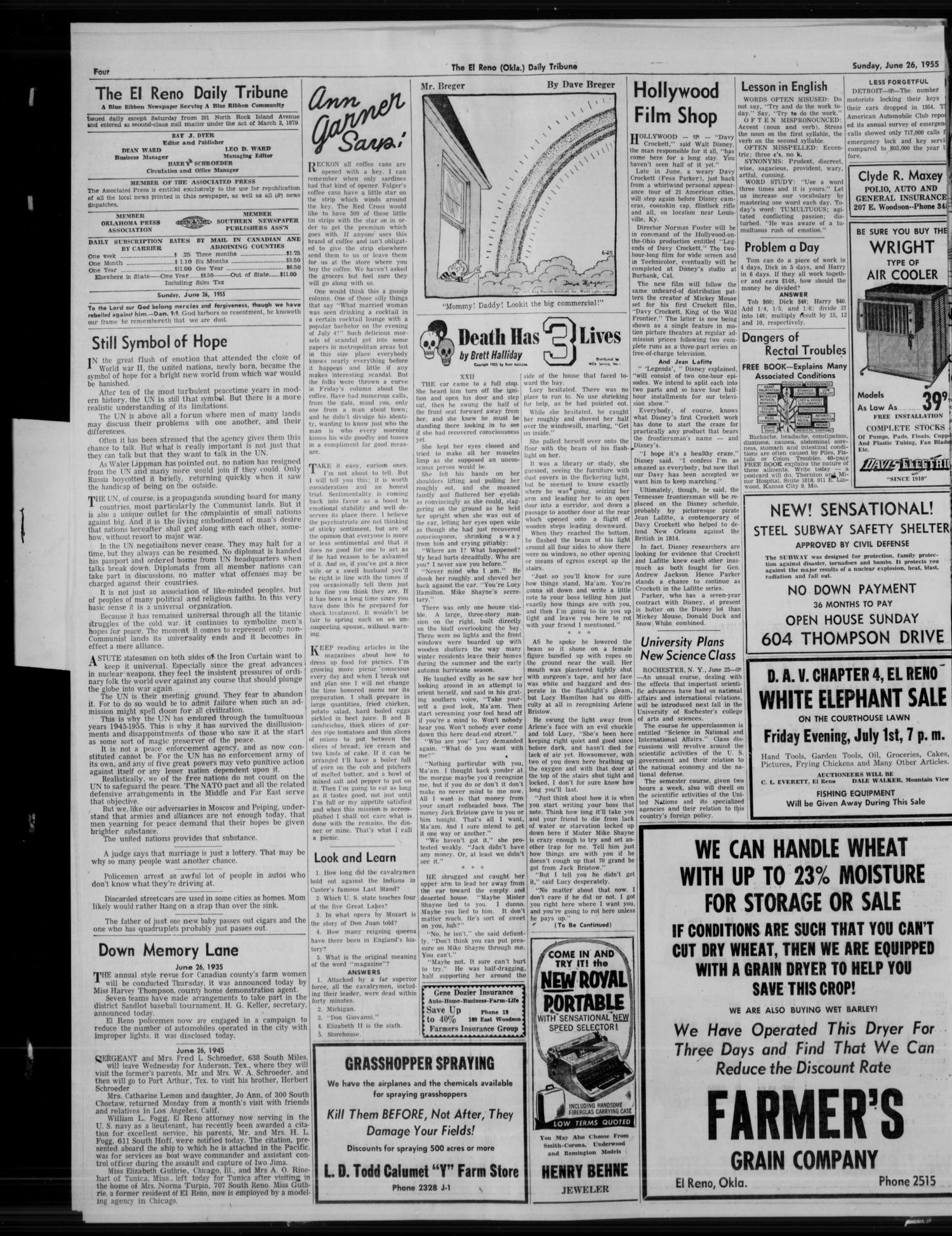 The El Reno Daily Tribune (El Reno, Okla.), Vol. 64, No. 101, Ed. 1 Sunday, June 26, 1955
                                                
                                                    [Sequence #]: 4 of 10
                                                