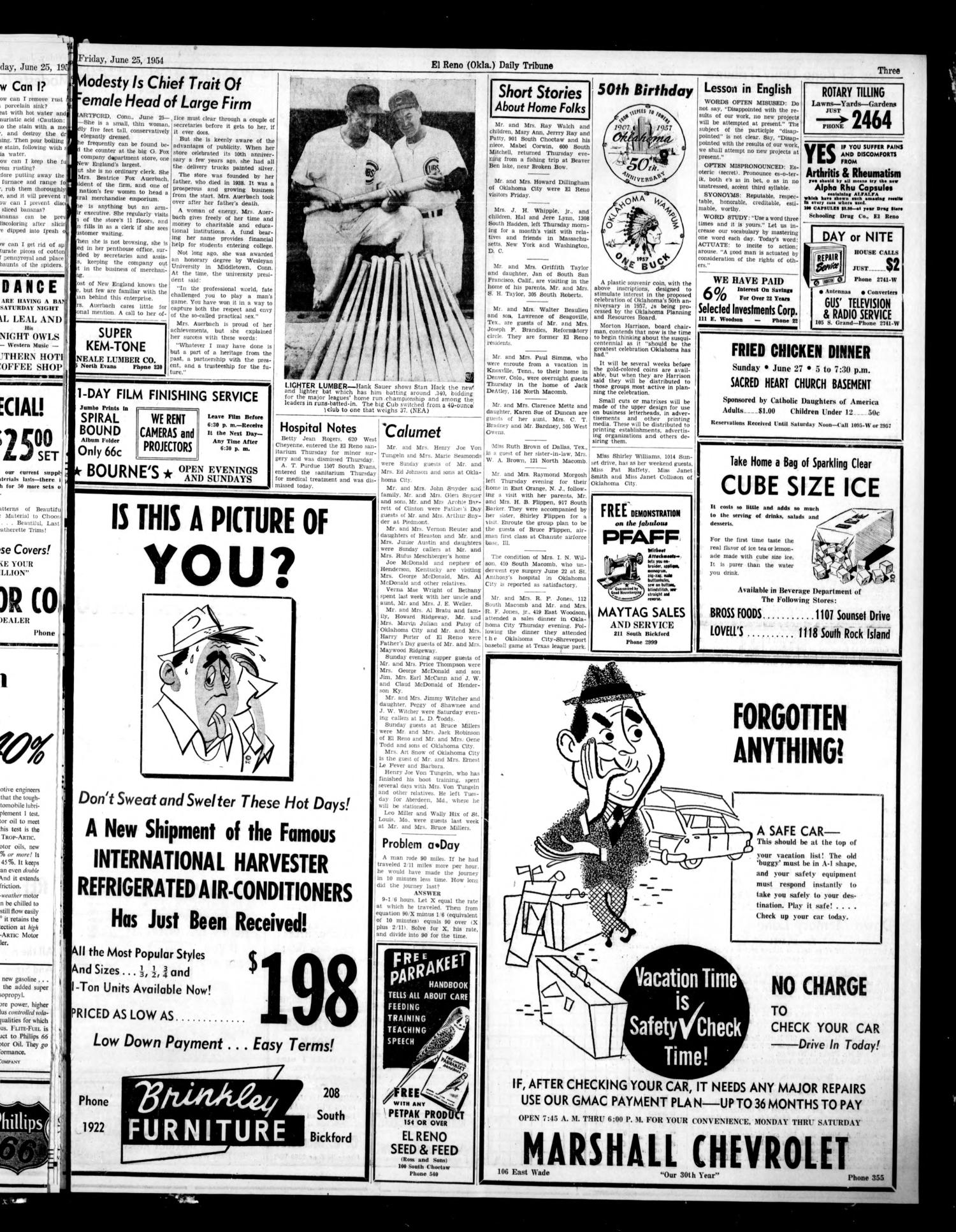The El Reno Daily Tribune (El Reno, Okla.), Vol. 63, No. 101, Ed. 1 Friday, June 25, 1954
                                                
                                                    [Sequence #]: 3 of 10
                                                