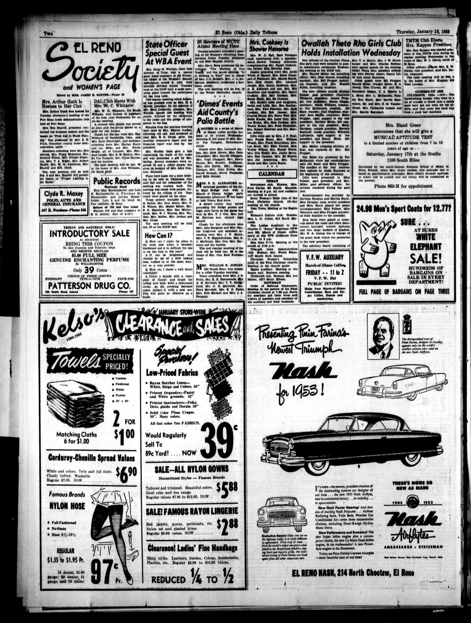 The El Reno Daily Tribune (El Reno, Okla.), Vol. 61, No. 272, Ed. 1 Thursday, January 15, 1953
                                                
                                                    [Sequence #]: 2 of 12
                                                