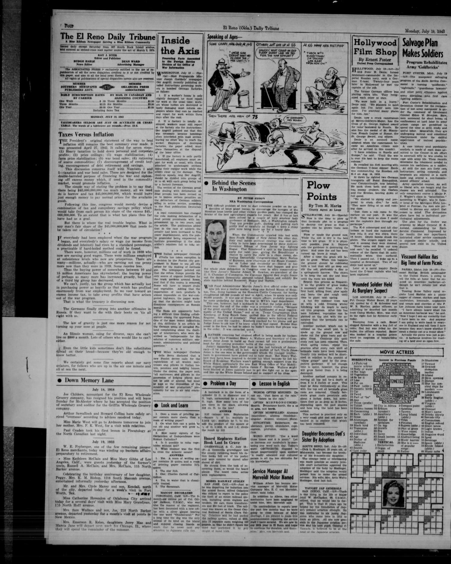 The El Reno Daily Tribune (El Reno, Okla.), Vol. 52, No. 120, Ed. 1 Monday, July 19, 1943
                                                
                                                    [Sequence #]: 4 of 6
                                                