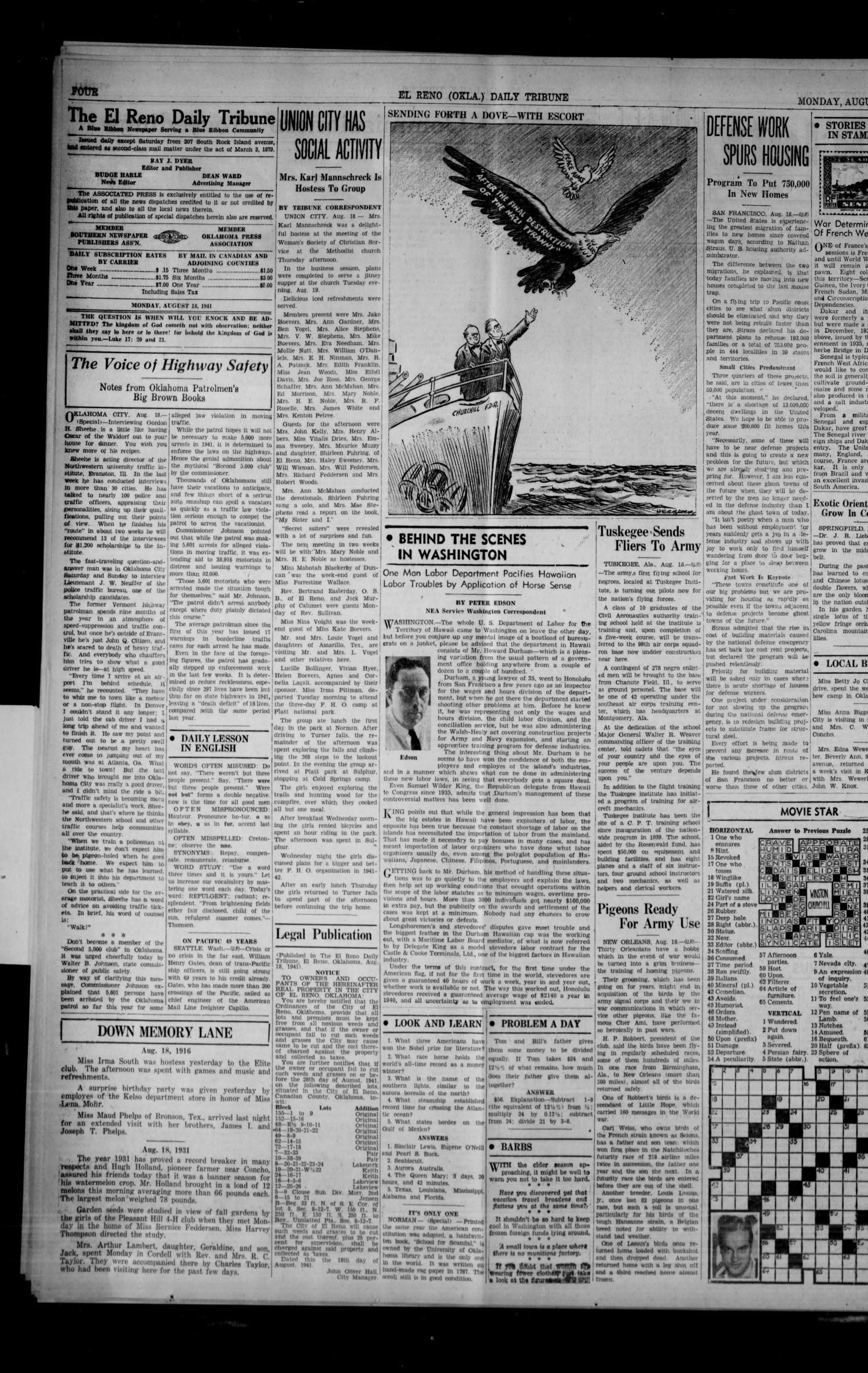 The El Reno Daily Tribune (El Reno, Okla.), Vol. 50, No. 146, Ed. 1 Monday, August 18, 1941
                                                
                                                    [Sequence #]: 4 of 6
                                                