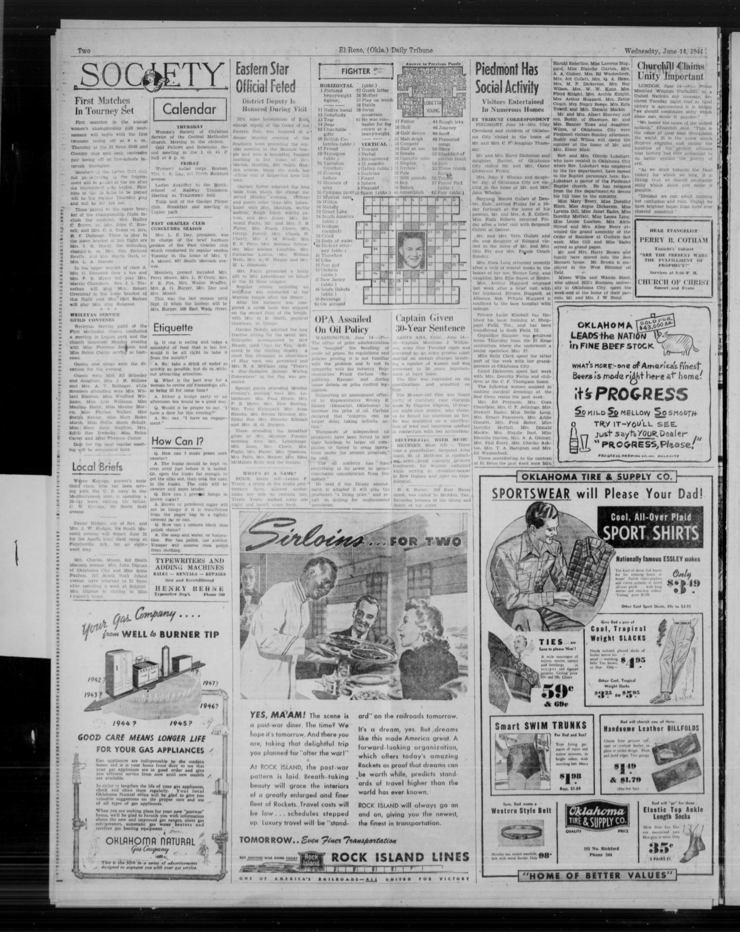 The El Reno Daily Tribune (El Reno, Okla.), Vol. 53, No. 91, Ed. 1 Wednesday, June 14, 1944
                                                
                                                    [Sequence #]: 2 of 6
                                                
