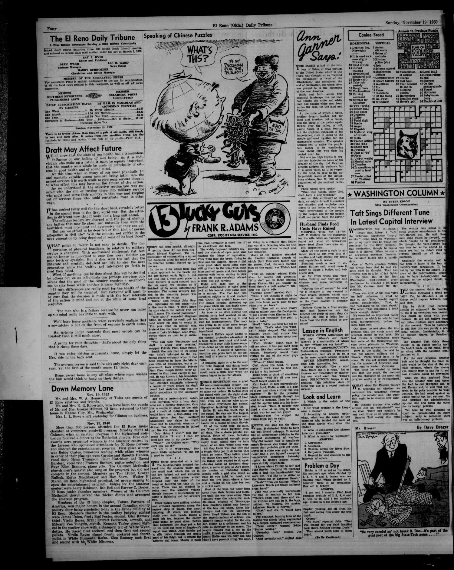 The El Reno Daily Tribune (El Reno, Okla.), Vol. 59, No. 225, Ed. 1 Sunday, November 19, 1950
                                                
                                                    [Sequence #]: 4 of 10
                                                