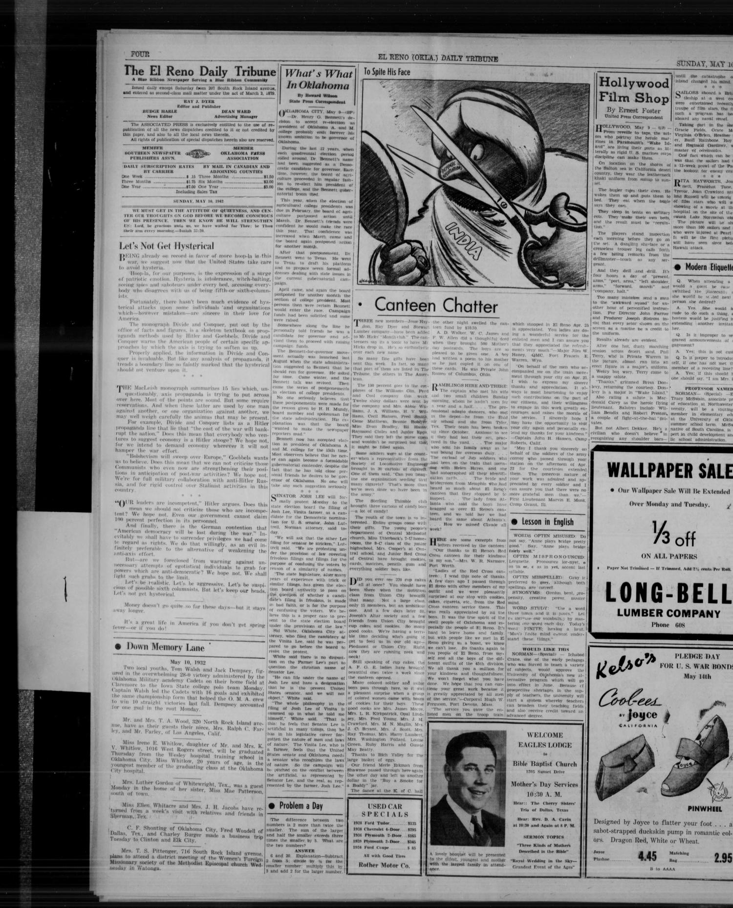 The El Reno Daily Tribune (El Reno, Okla.), Vol. 51, No. 61, Ed. 1 Sunday, May 10, 1942
                                                
                                                    [Sequence #]: 4 of 6
                                                