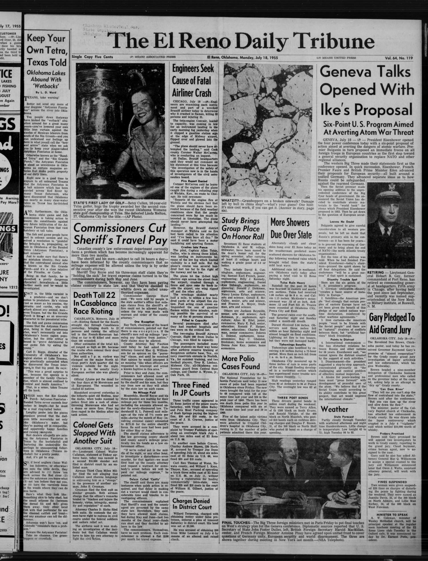 The El Reno Daily Tribune (El Reno, Okla.), Vol. 64, No. 119, Ed. 1 Monday, July 18, 1955
                                                
                                                    [Sequence #]: 1 of 6
                                                