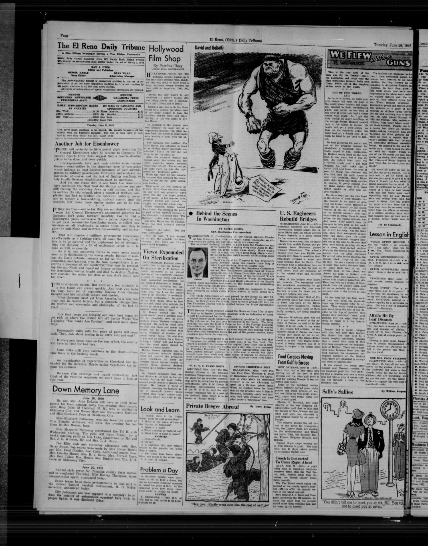 The El Reno Daily Tribune (El Reno, Okla.), Vol. 54, No. 101, Ed. 1 Tuesday, June 26, 1945
                                                
                                                    [Sequence #]: 4 of 6
                                                