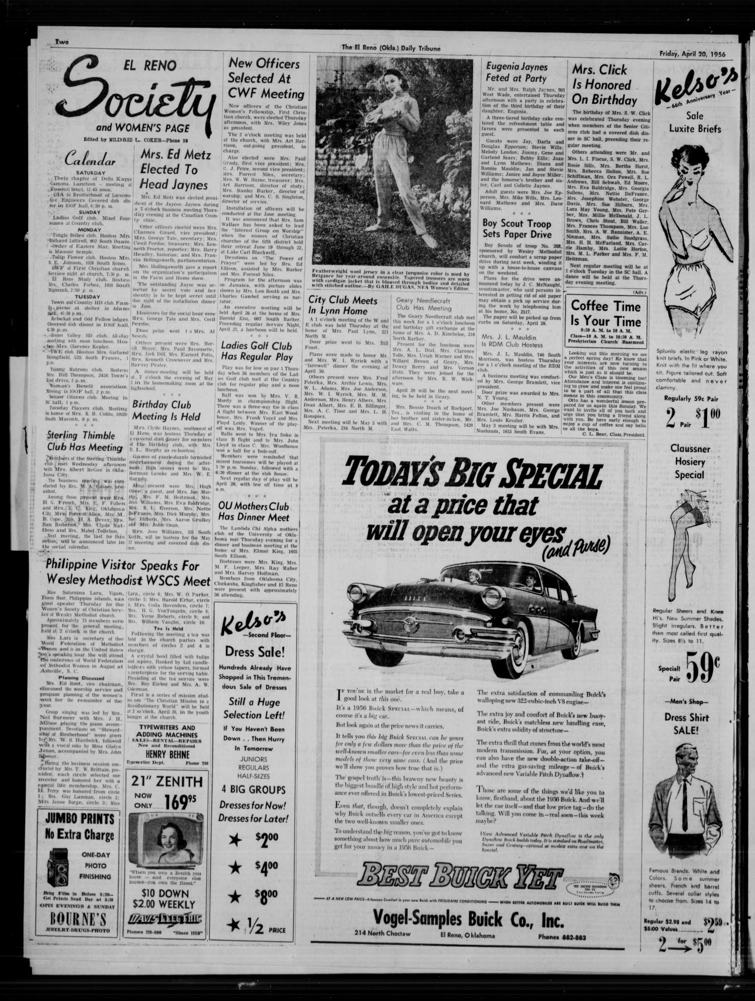 The El Reno Daily Tribune (El Reno, Okla.), Vol. 64, No. 354, Ed. 1 Friday, April 20, 1956
                                                
                                                    [Sequence #]: 4 of 8
                                                