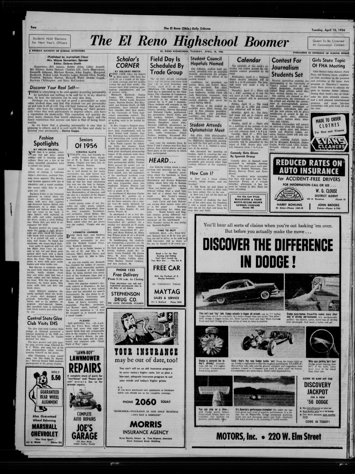 The El Reno Daily Tribune (El Reno, Okla.), Vol. 64, No. 345, Ed. 1 Tuesday, April 10, 1956
                                                
                                                    [Sequence #]: 4 of 8
                                                