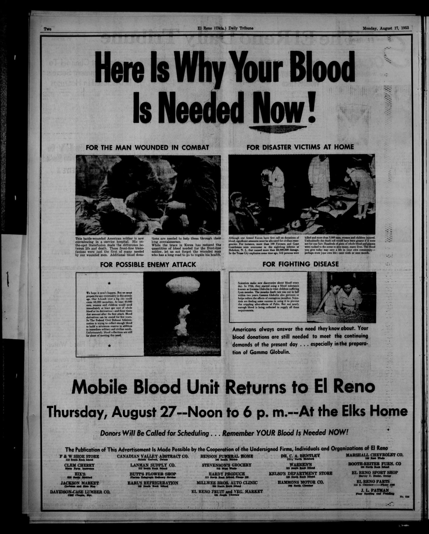 The El Reno Daily Tribune (El Reno, Okla.), Vol. 62, No. 145, Ed. 1 Monday, August 17, 1953
                                                
                                                    [Sequence #]: 2 of 6
                                                