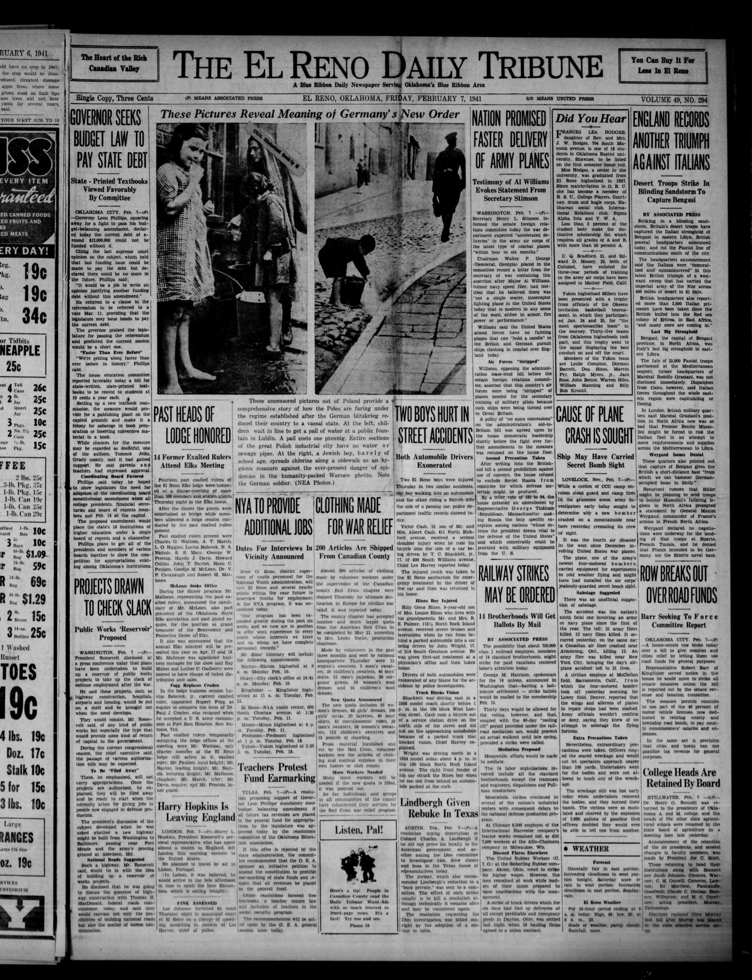 The El Reno Daily Tribune (El Reno, Okla.), Vol. 49, No. 294, Ed. 1 Friday, February 7, 1941
                                                
                                                    [Sequence #]: 1 of 6
                                                