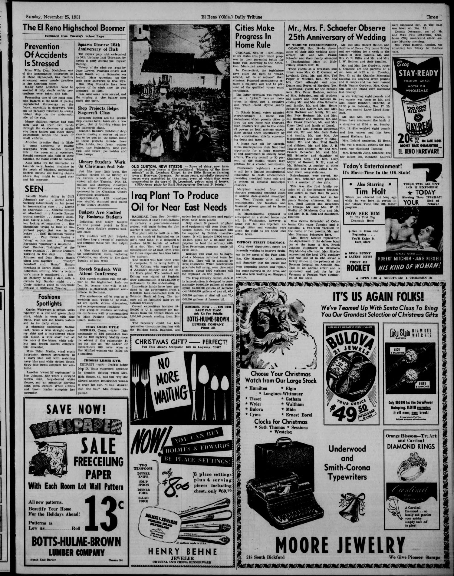 The El Reno Daily Tribune (El Reno, Okla.), Vol. 60, No. 228, Ed. 1 Sunday, November 25, 1951
                                                
                                                    [Sequence #]: 3 of 10
                                                