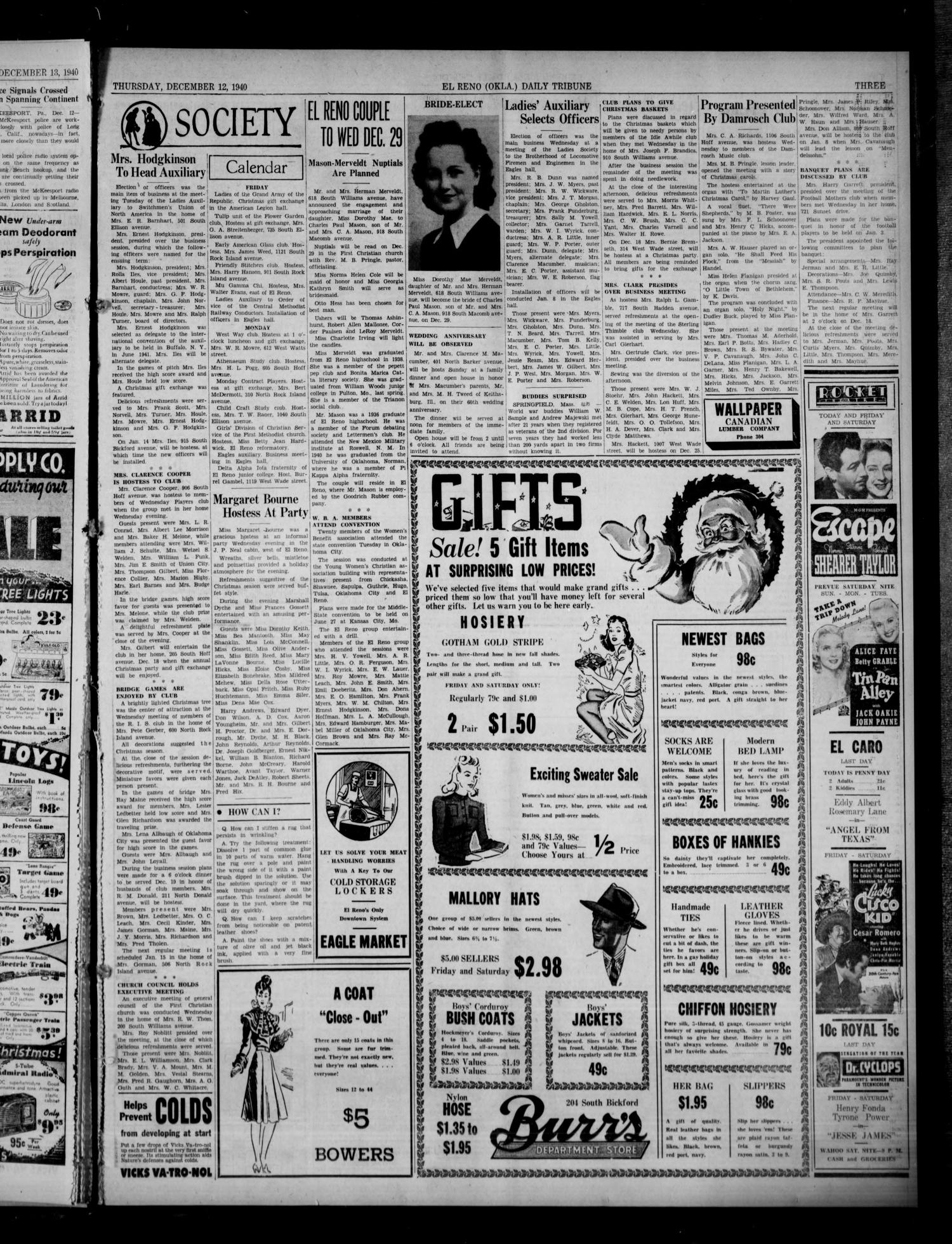 The El Reno Daily Tribune (El Reno, Okla.), Vol. 49, No. 246, Ed. 1 Thursday, December 12, 1940
                                                
                                                    [Sequence #]: 3 of 10
                                                