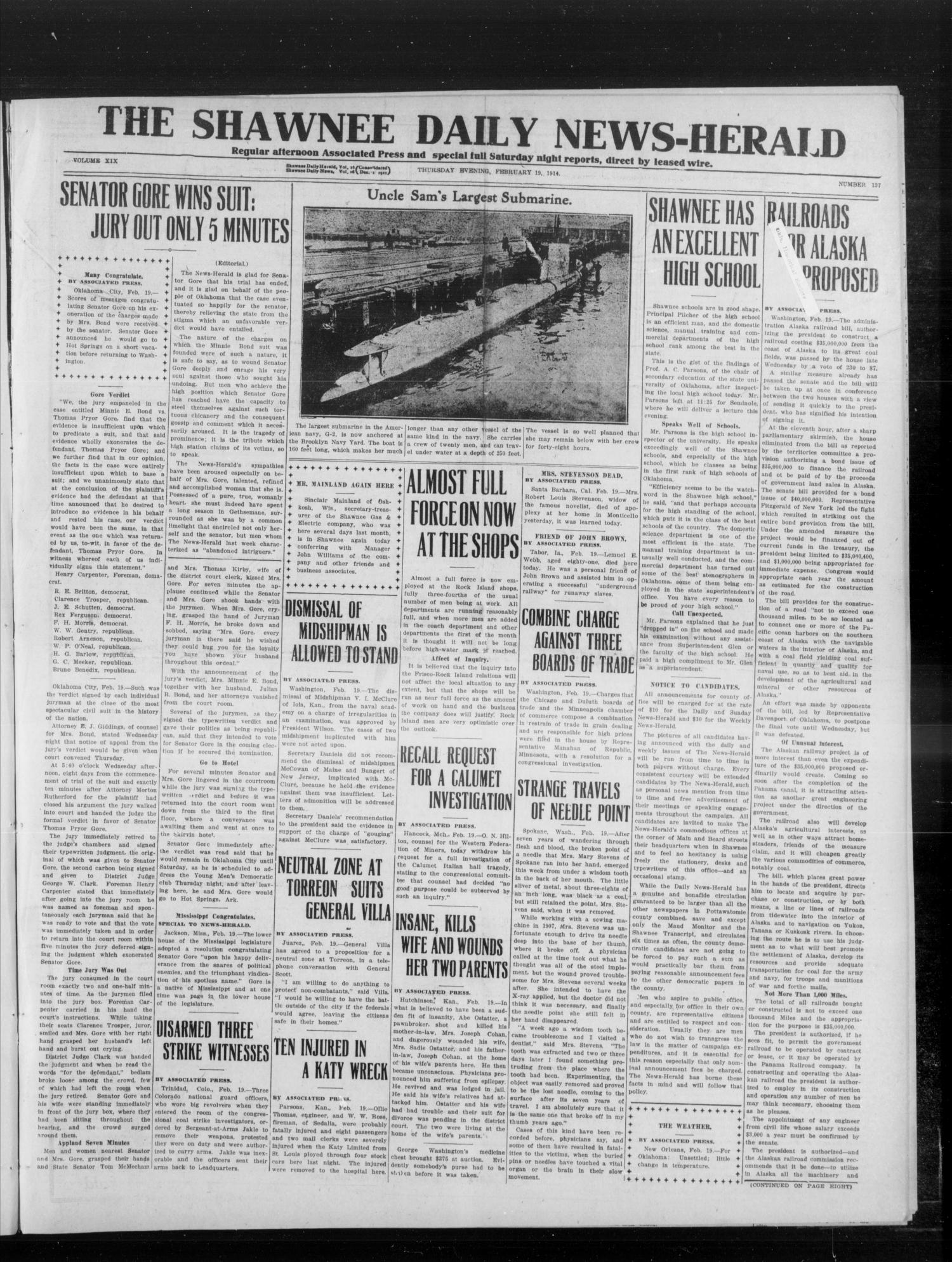 The Shawnee Daily News-Herald (Shawnee, Okla.), Vol. 19, No. 137, Ed. 1 Thursday, February 19, 1914
                                                
                                                    [Sequence #]: 1 of 8
                                                