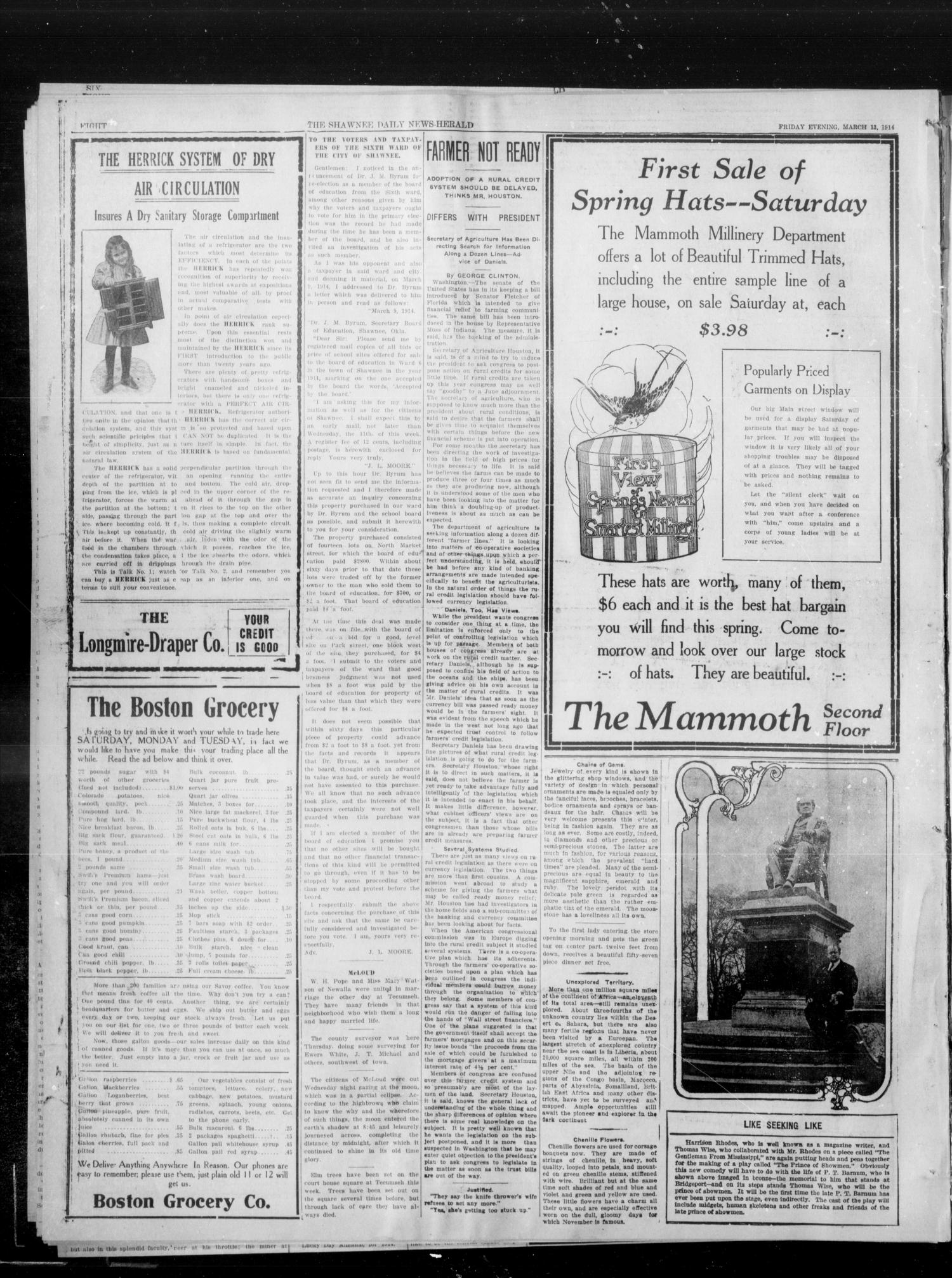 The Shawnee Daily News-Herald (Shawnee, Okla.), Vol. 19, No. 157, Ed. 1 Friday, March 13, 1914
                                                
                                                    [Sequence #]: 12 of 12
                                                