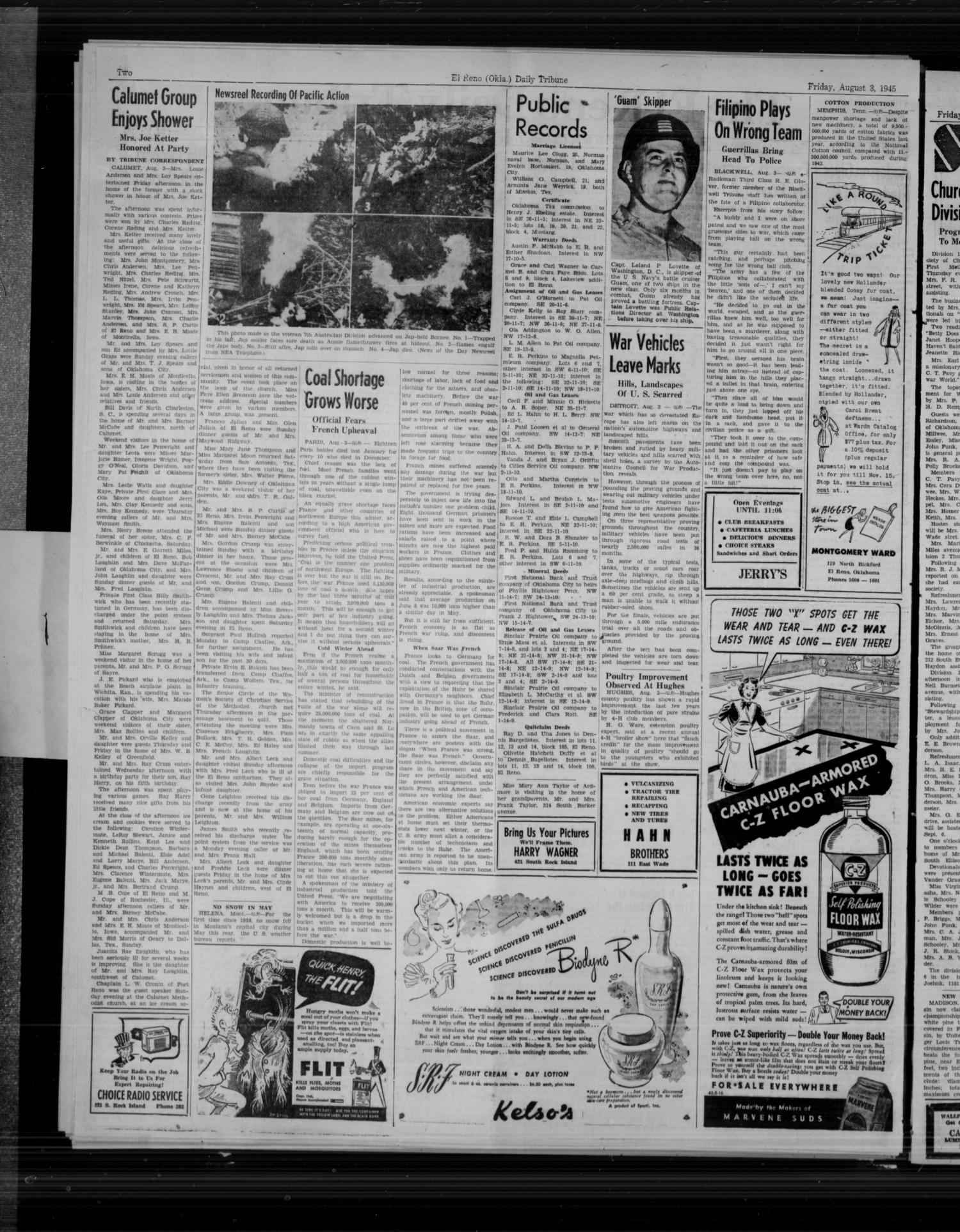 The El Reno Daily Tribune (El Reno, Okla.), Vol. 54, No. 133, Ed. 1 Friday, August 3, 1945
                                                
                                                    [Sequence #]: 2 of 6
                                                