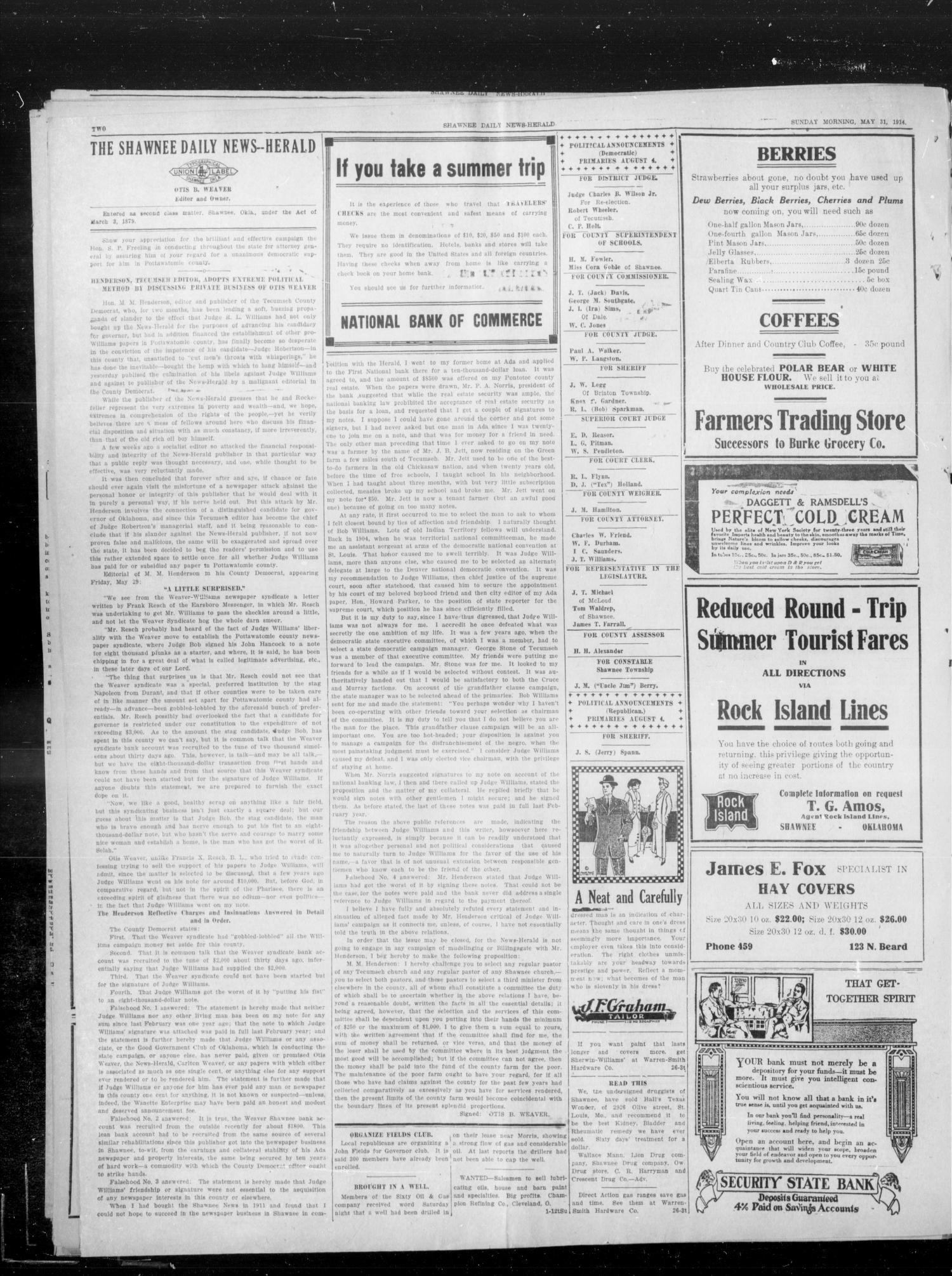 The Shawnee Daily News-Herald (Shawnee, Okla.), Vol. 19, No. 226, Ed. 1 Sunday, May 31, 1914
                                                
                                                    [Sequence #]: 2 of 8
                                                