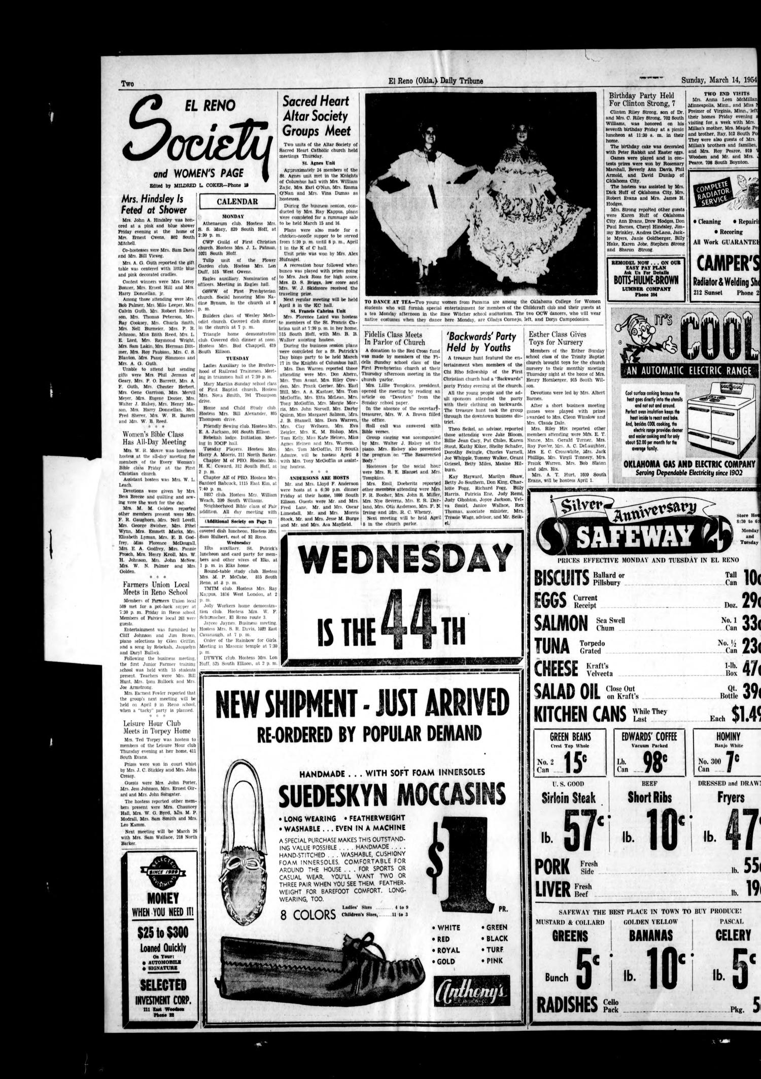 The El Reno Daily Tribune (El Reno, Okla.), Vol. 62, No. 322, Ed. 1 Sunday, March 14, 1954
                                                
                                                    [Sequence #]: 2 of 16
                                                