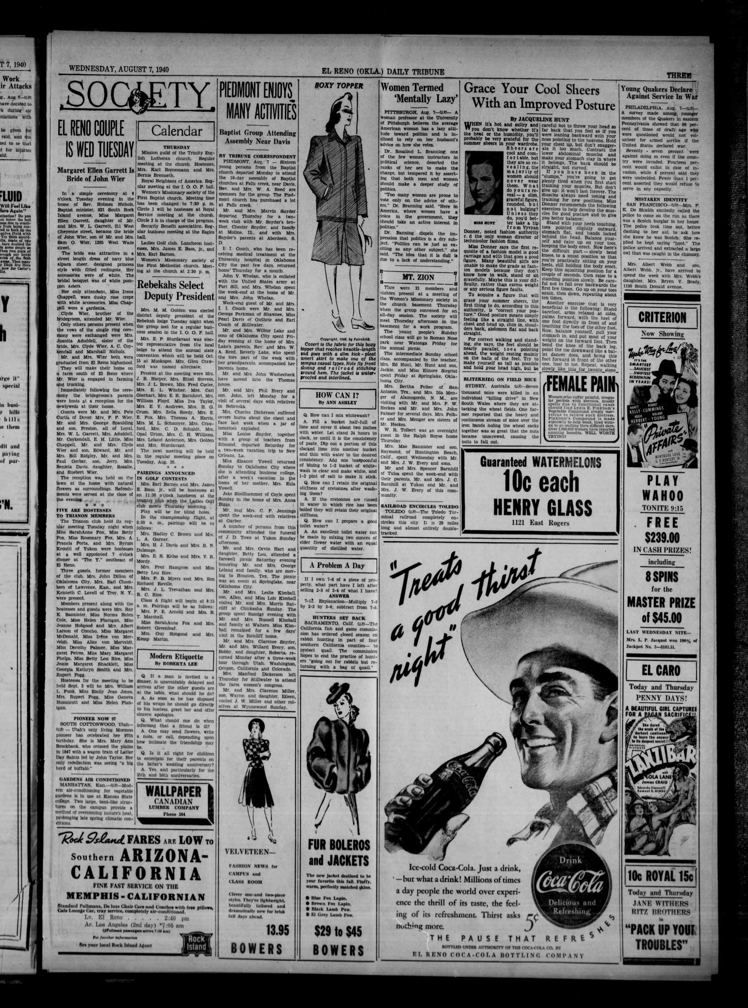 The El Reno Daily Tribune (El Reno, Okla.), Vol. 49, No. 138, Ed. 1 Wednesday, August 7, 1940
                                                
                                                    [Sequence #]: 3 of 6
                                                
