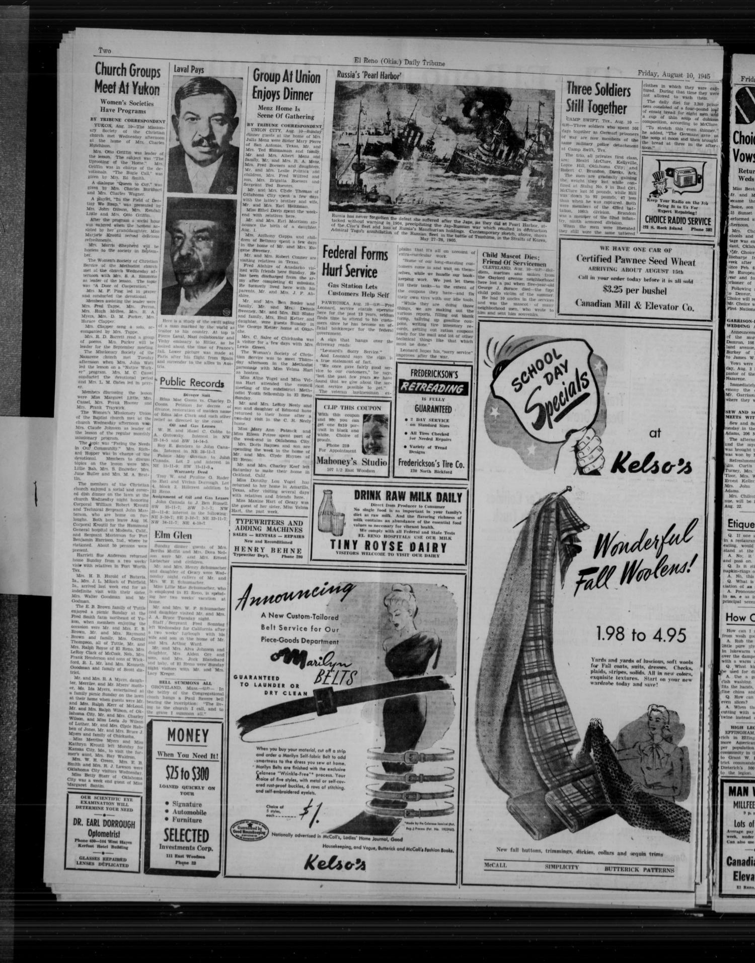 The El Reno Daily Tribune (El Reno, Okla.), Vol. 54, No. 139, Ed. 1 Friday, August 10, 1945
                                                
                                                    [Sequence #]: 2 of 6
                                                