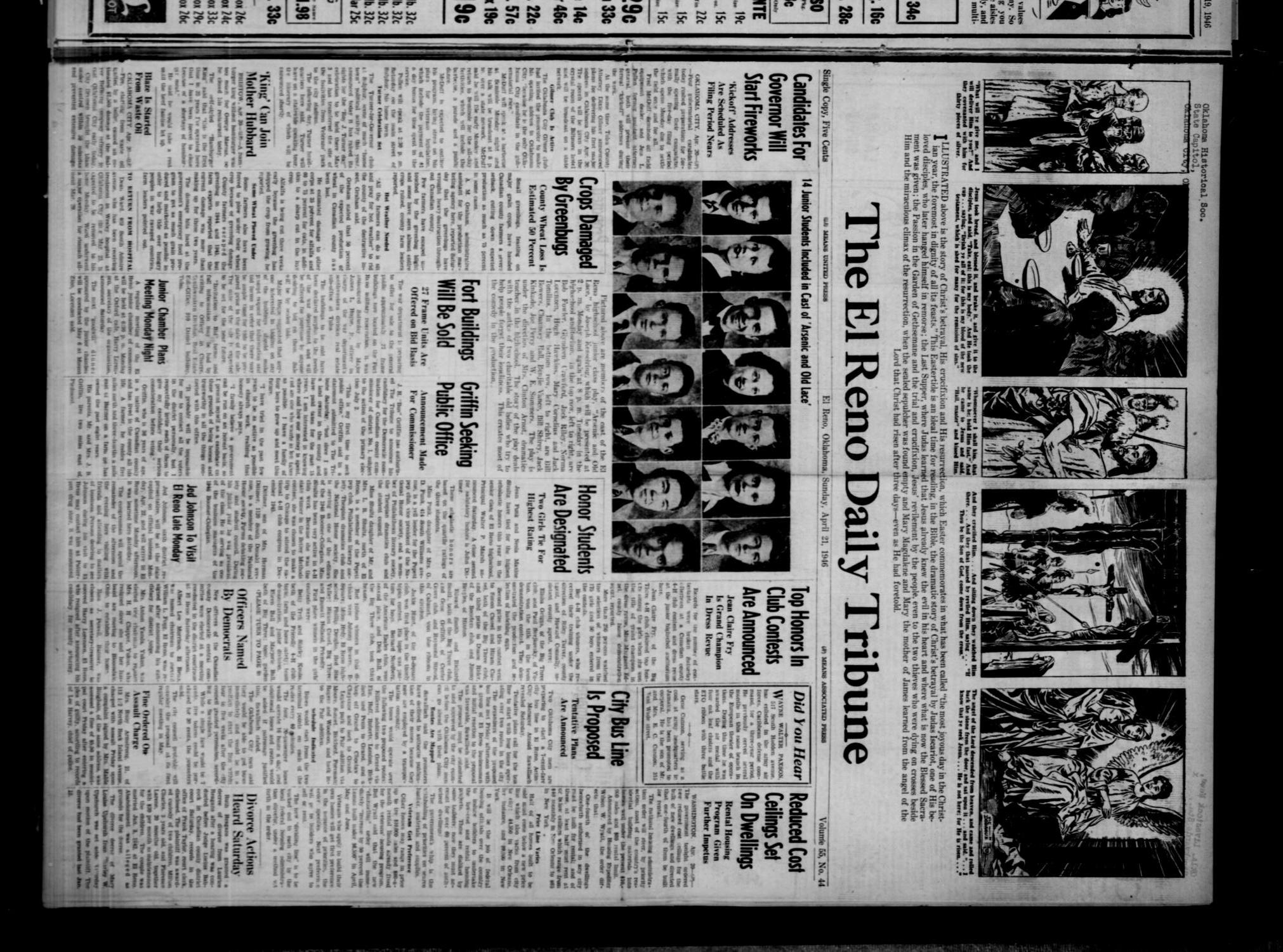 The El Reno Daily Tribune (El Reno, Okla.), Vol. 55, No. 44, Ed. 1 Sunday, April 21, 1946
                                                
                                                    [Sequence #]: 1 of 10
                                                