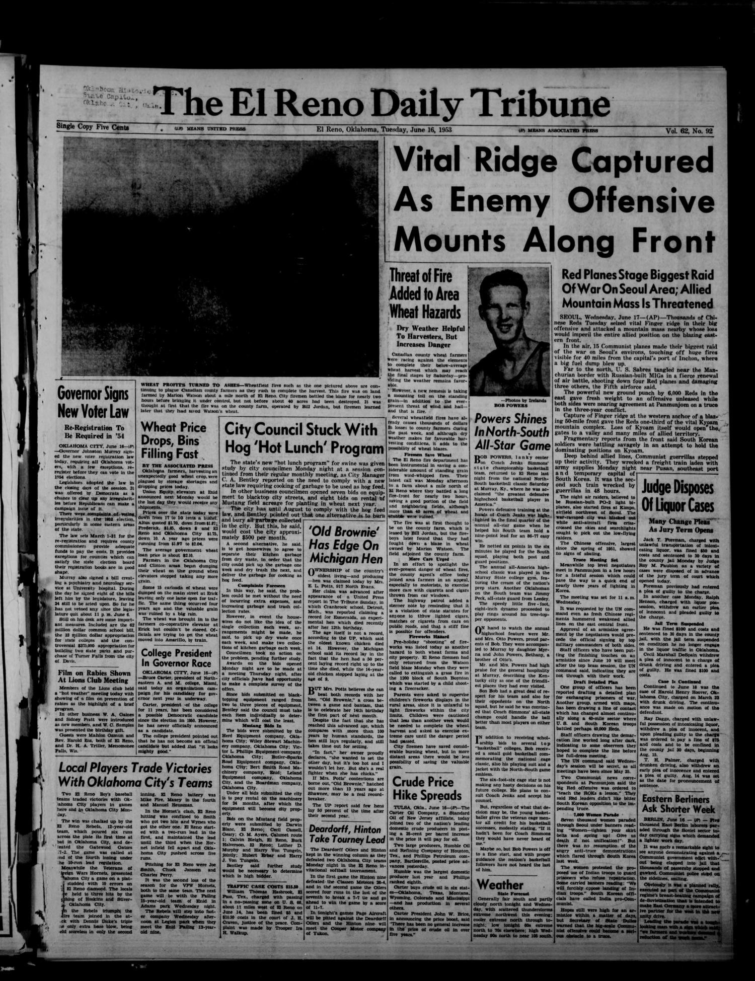 The El Reno Daily Tribune (El Reno, Okla.), Vol. 62, No. 92, Ed. 1 Tuesday, June 16, 1953
                                                
                                                    [Sequence #]: 1 of 8
                                                