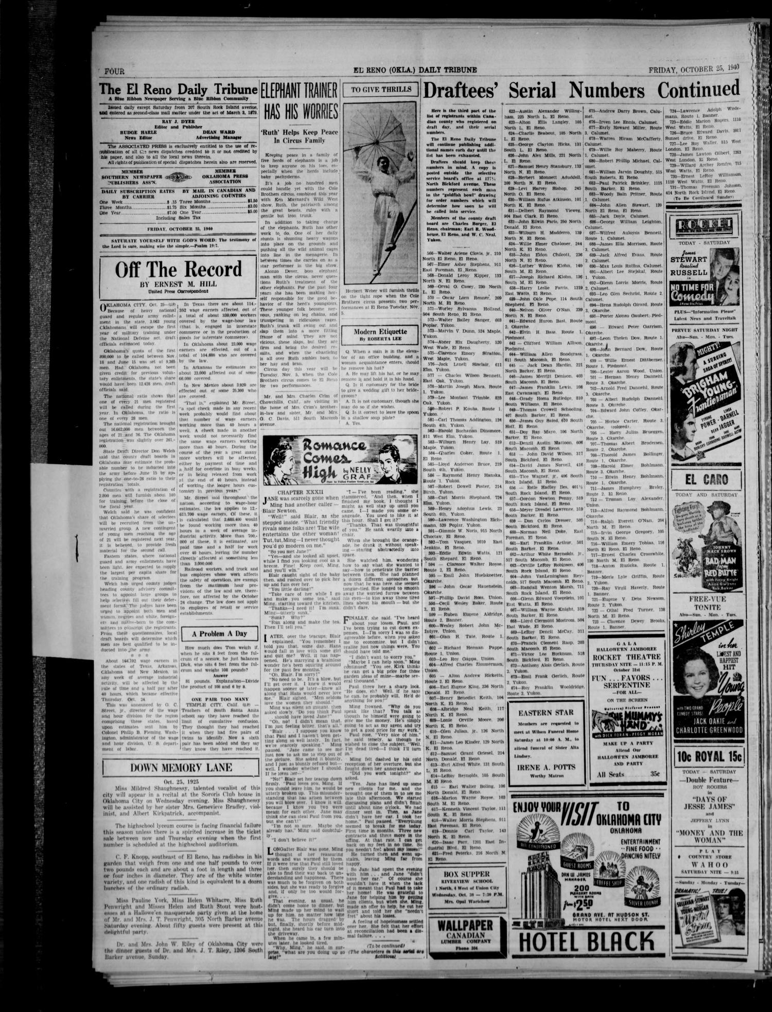 The El Reno Daily Tribune (El Reno, Okla.), Vol. 49, No. 205, Ed. 1 Friday, October 25, 1940
                                                
                                                    [Sequence #]: 4 of 6
                                                