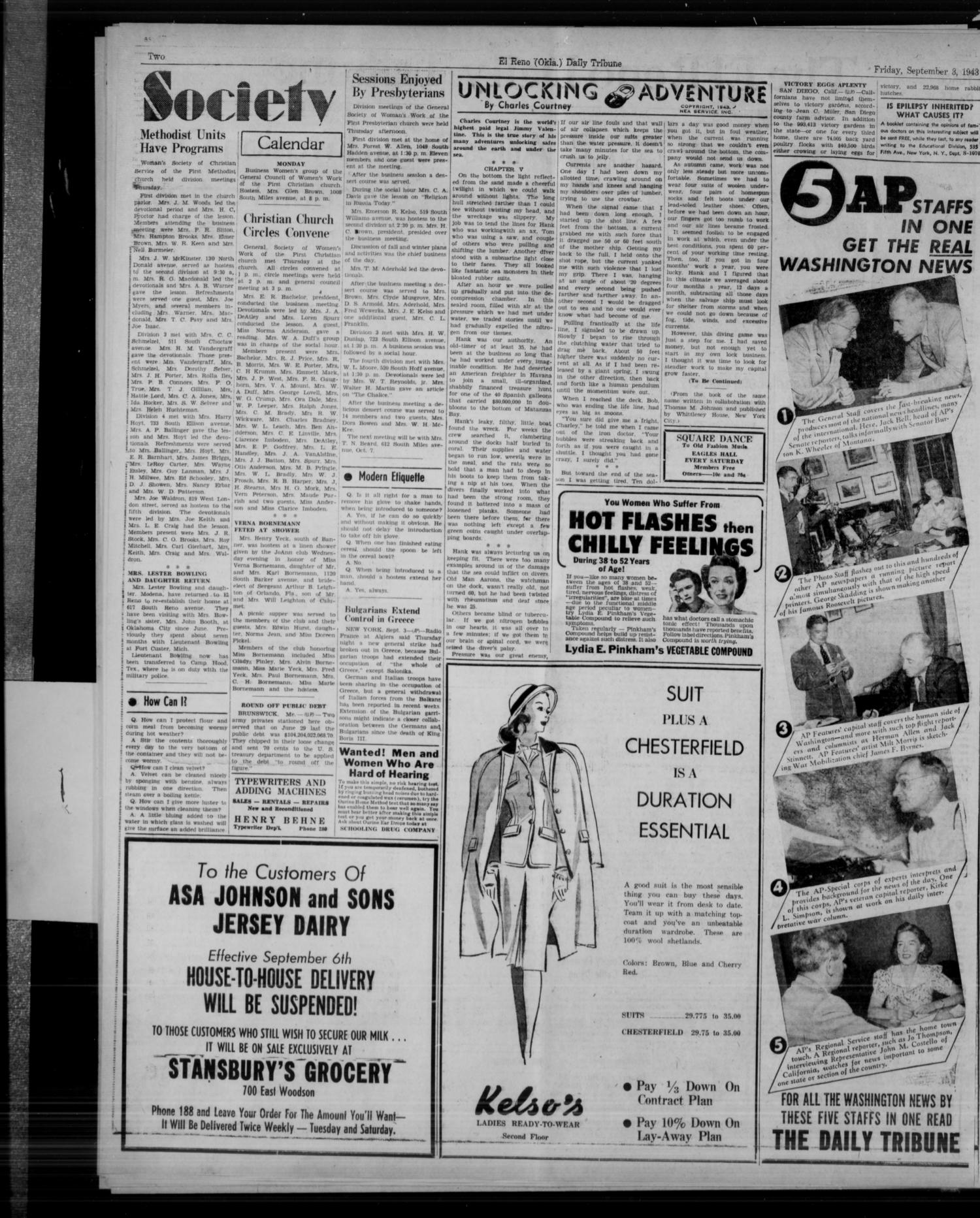 The El Reno Daily Tribune (El Reno, Okla.), Vol. 52, No. 160, Ed. 1 Friday, September 3, 1943
                                                
                                                    [Sequence #]: 2 of 6
                                                