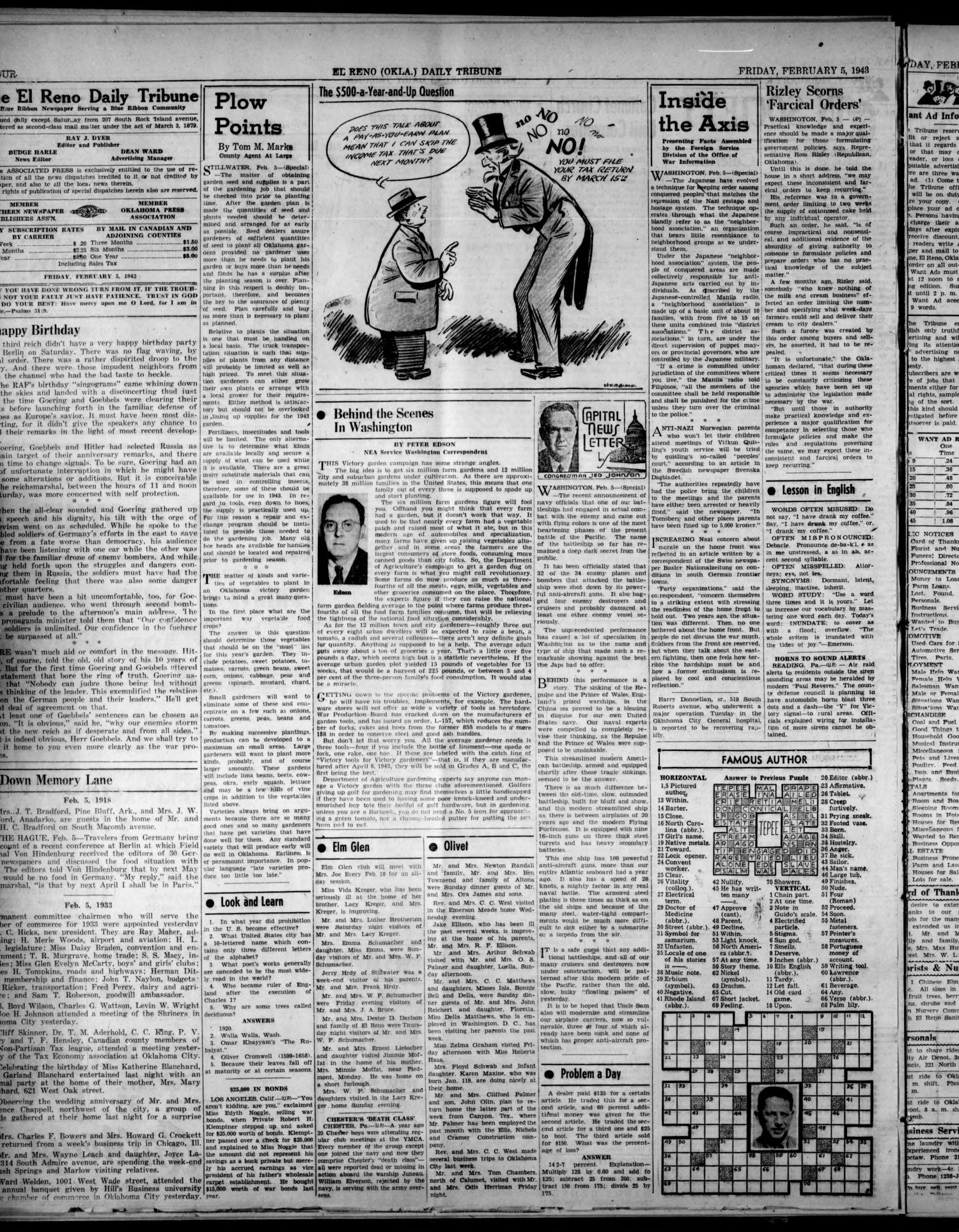 The El Reno Daily Tribune (El Reno, Okla.), Vol. 51, No. 290, Ed. 1 Friday, February 5, 1943
                                                
                                                    [Sequence #]: 4 of 6
                                                