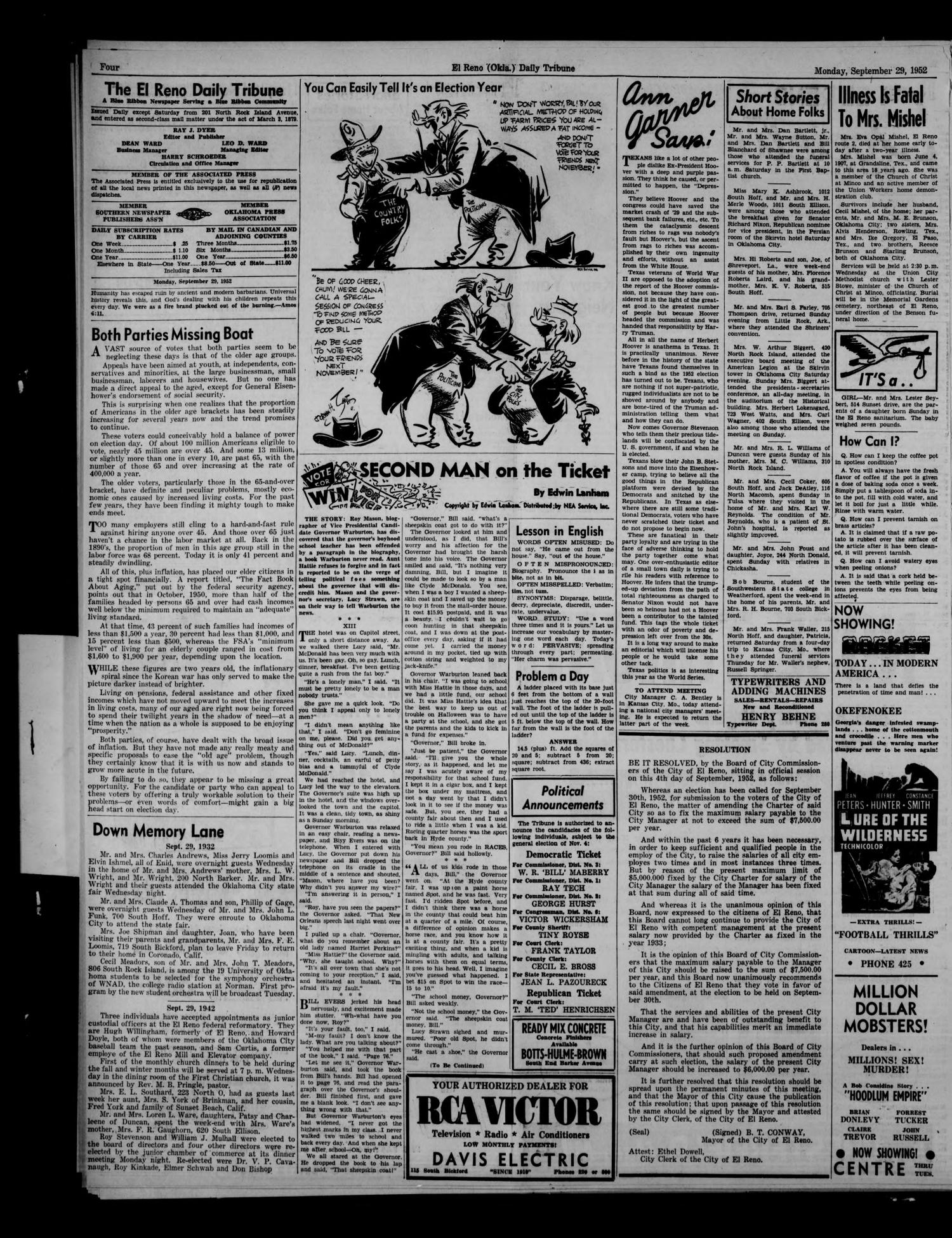 The El Reno Daily Tribune (El Reno, Okla.), Vol. 61, No. 180, Ed. 1 Monday, September 29, 1952
                                                
                                                    [Sequence #]: 4 of 6
                                                
