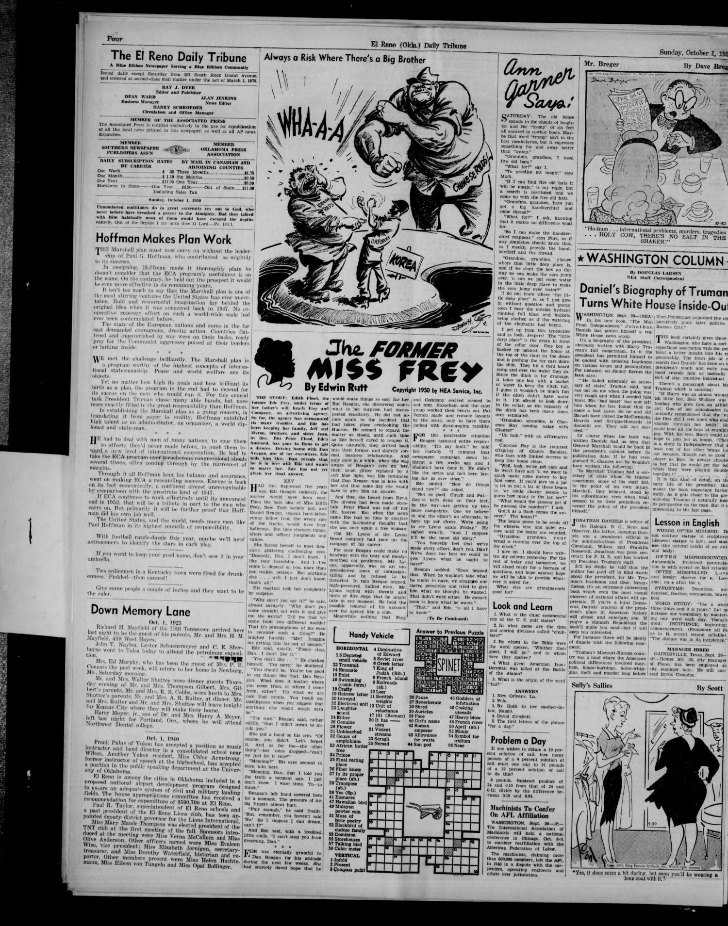 The El Reno Daily Tribune (El Reno, Okla.), Vol. 59, No. 183, Ed. 1 Sunday, October 1, 1950
                                                
                                                    [Sequence #]: 6 of 12
                                                