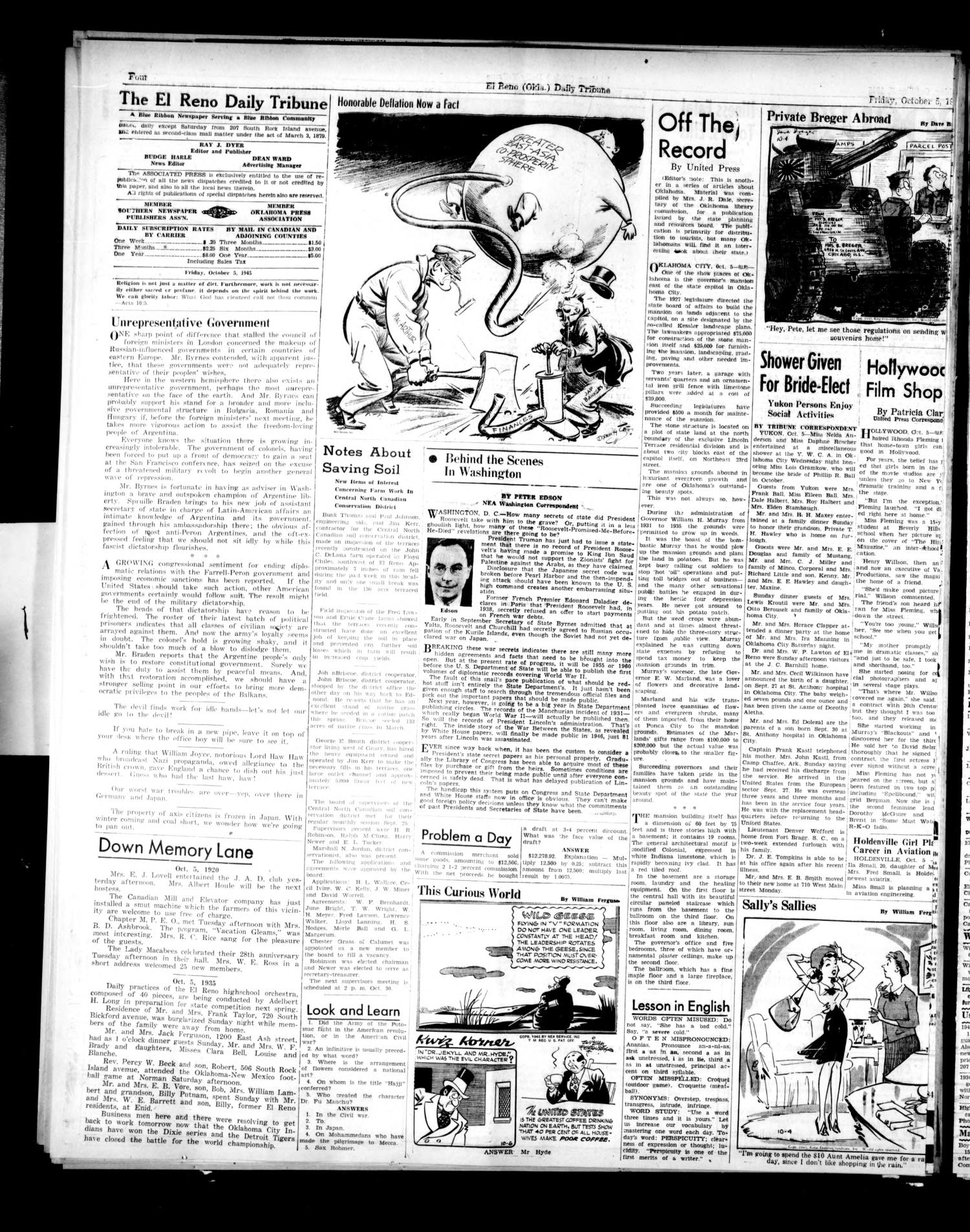 The El Reno Daily Tribune (El Reno, Okla.), Vol. 54, No. 183, Ed. 1 Friday, October 5, 1945
                                                
                                                    [Sequence #]: 4 of 6
                                                