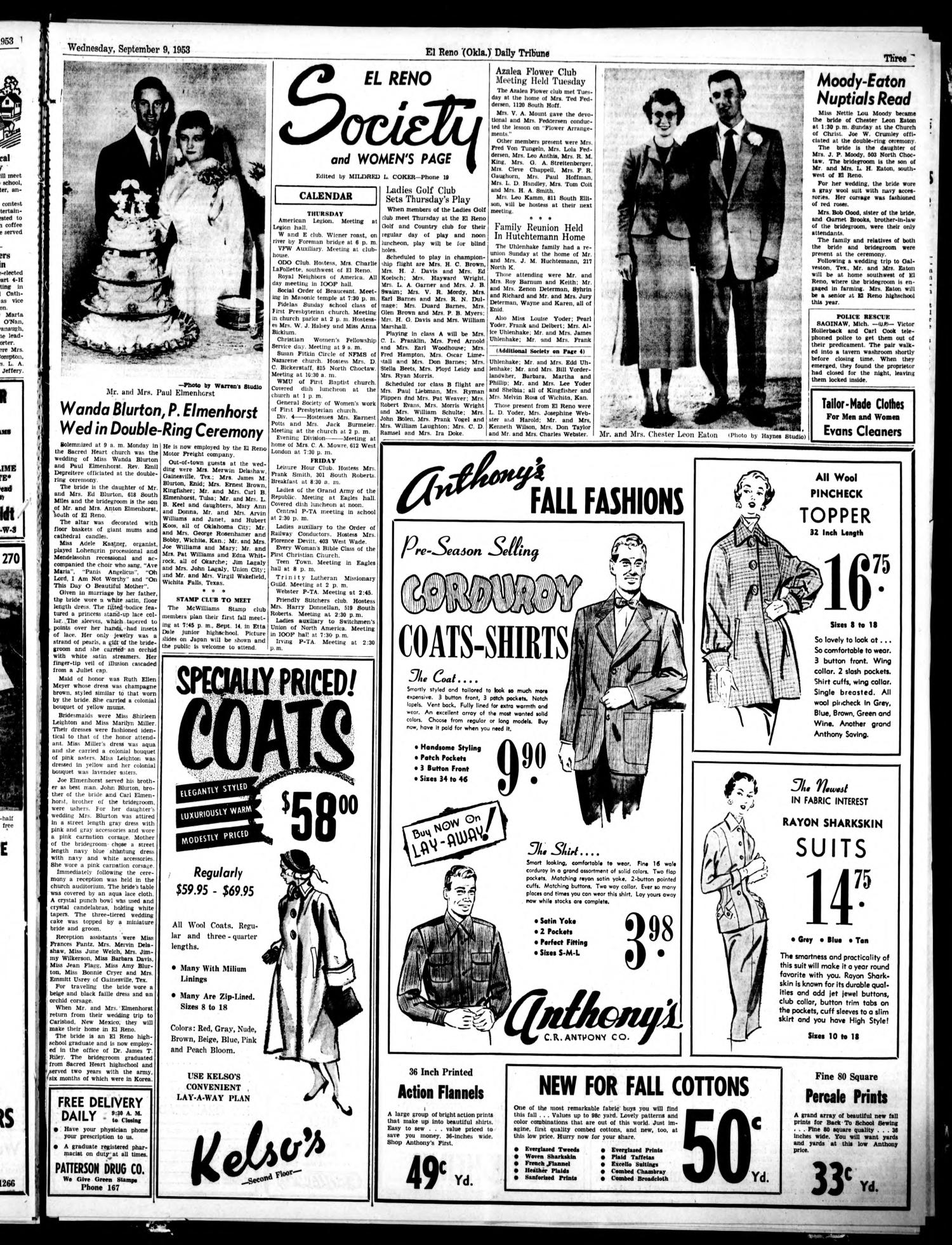 The El Reno Daily Tribune (El Reno, Okla.), Vol. 62, No. 164, Ed. 1 Wednesday, September 9, 1953
                                                
                                                    [Sequence #]: 3 of 6
                                                