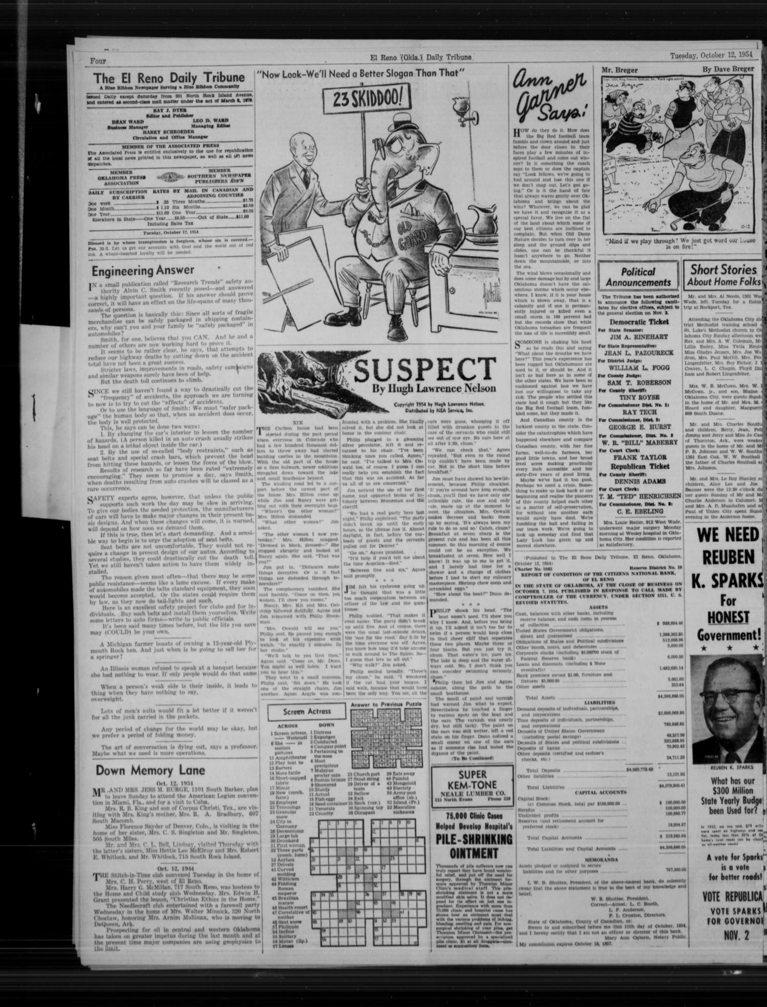 The El Reno Daily Tribune (El Reno, Okla.), Vol. 63, No. 193, Ed. 1 Tuesday, October 12, 1954
                                                
                                                    [Sequence #]: 4 of 6
                                                